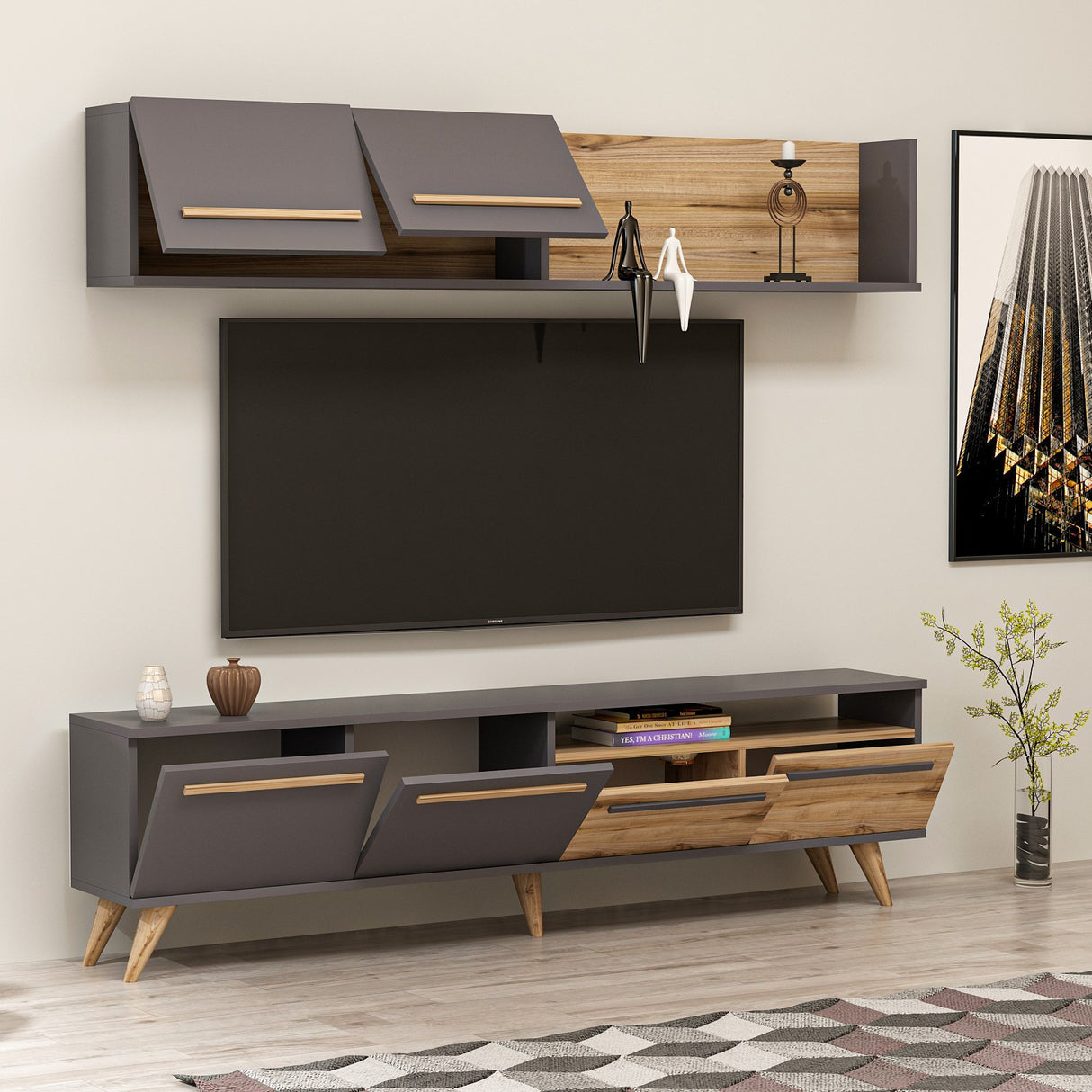 Comodă TV Mono - Ciragan, Anthracite, Nuc - Antracit, 180x30x46 cm