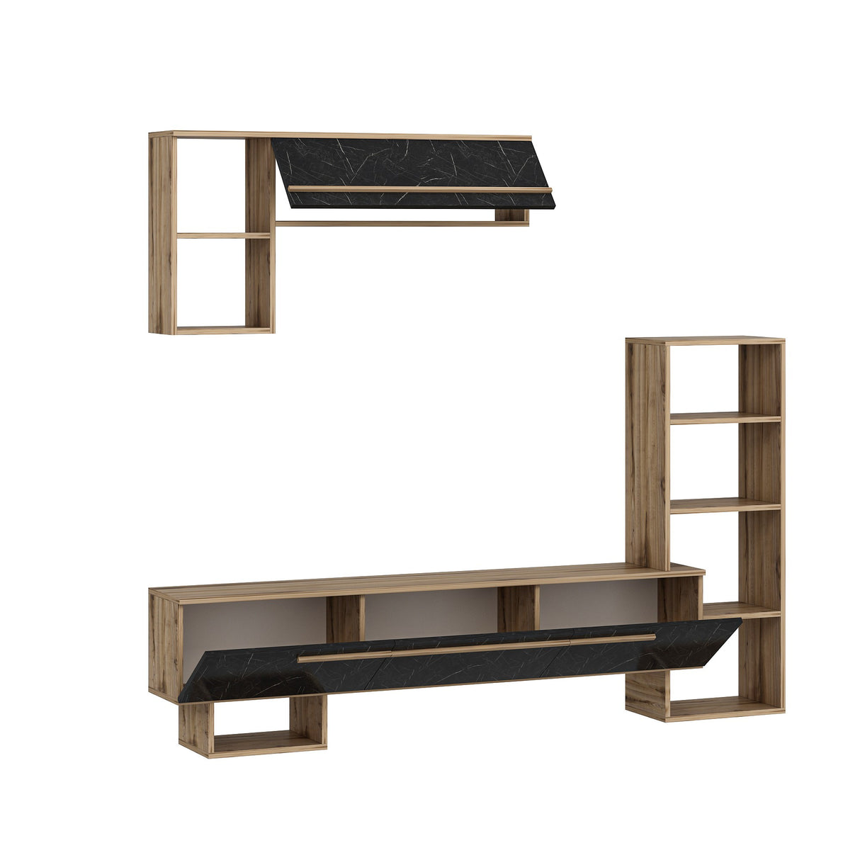 Comodă TV Mega - Ciragan, Royal Marble, Nuc - Negru, 209x28x124 cm