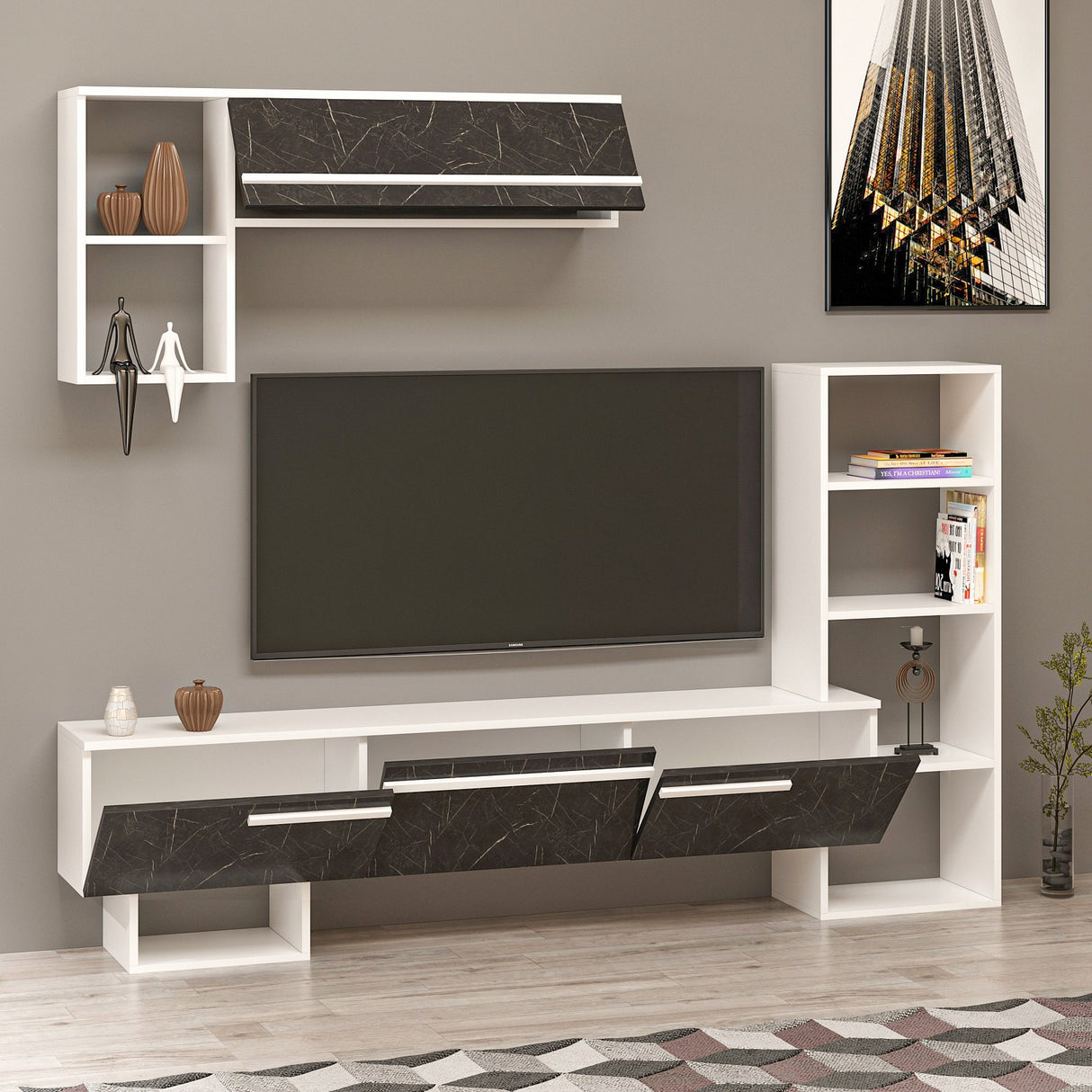 Comodă TV Mega - White, Royal Marble, Alb - Negru, 209x28x124 cm
