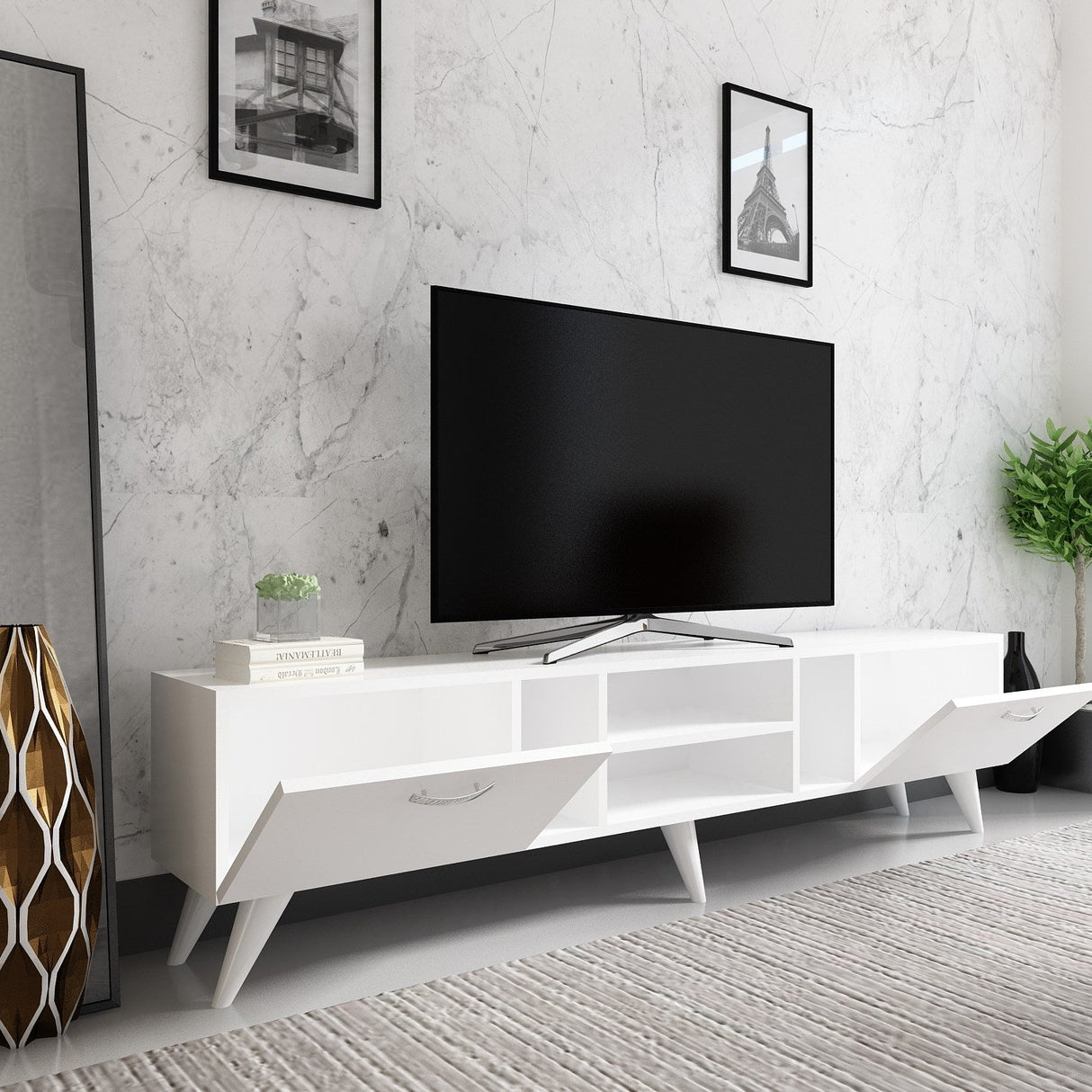 Comodă TV Rudy, Diverse culori, 180x30x42 cm - Alb | SKU: 505CRL1707 | Comodă TV Rudy, 180x30x42 cm, varianta Alb, produs pentru amenajarea locuinței, disponibil online în România la CasaMob