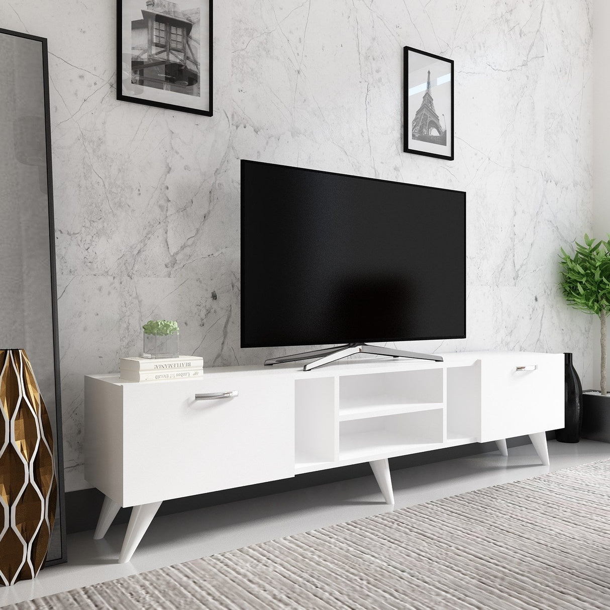 Comodă TV Rudy, Diverse culori, 180x30x42 cm - Alb | SKU: 505CRL1707 | Comodă TV Rudy, 180x30x42 cm, varianta Alb, produs pentru amenajarea locuinței, disponibil online în România la CasaMob