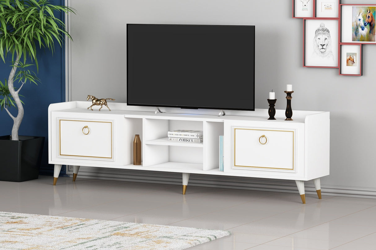 Comodă TV Rudy v2, Diverse culori, 180x35x55 cm - Alb - Auriu | SKU: 505CRL1721 | Comodă TV Rudy v2, 180x35x55 cm, varianta Alb - Auriu, produs pentru amenajarea locuinței, disponibil online în România la CasaMob