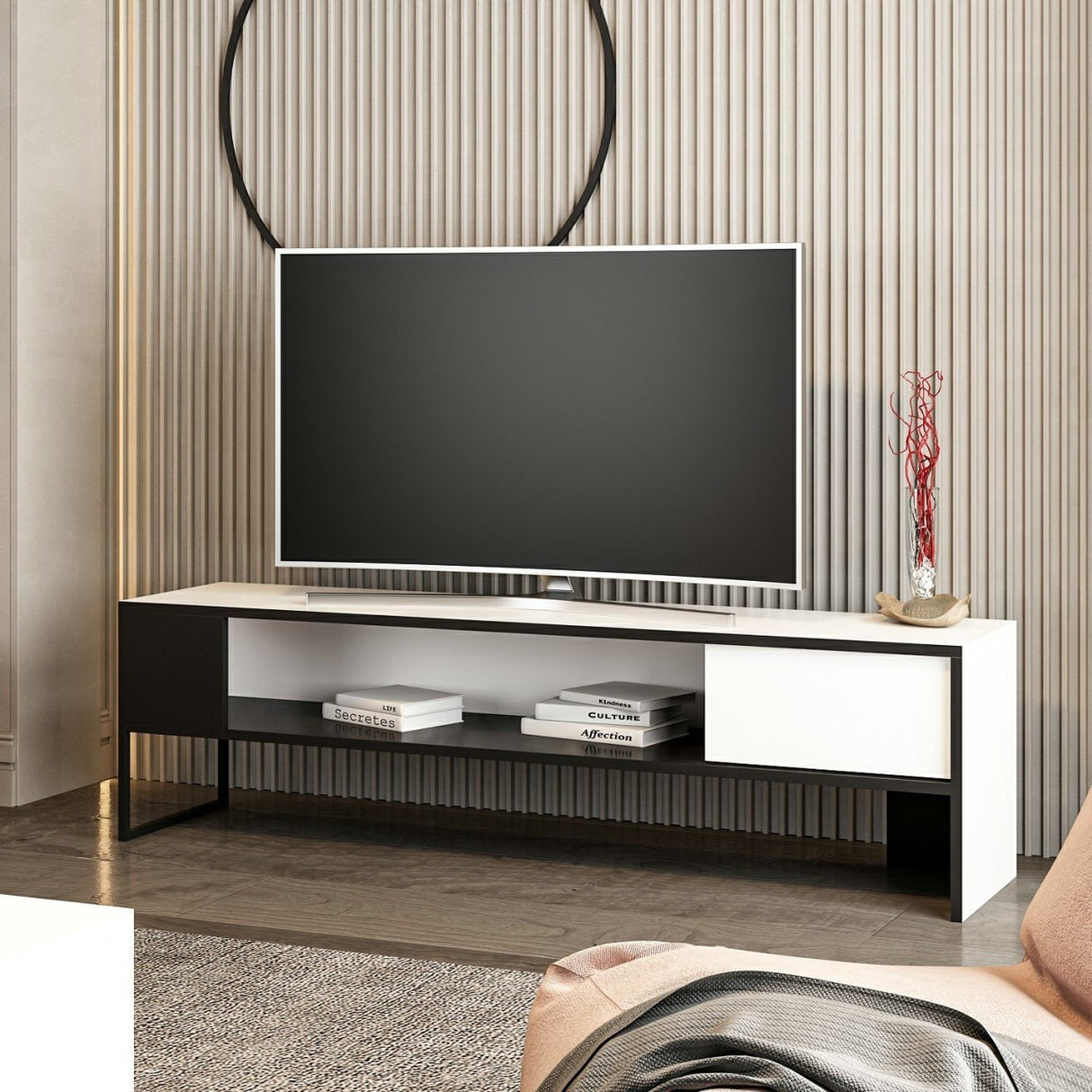 Comodă TV Concord, Alb - Negru, 150x35x42 cm