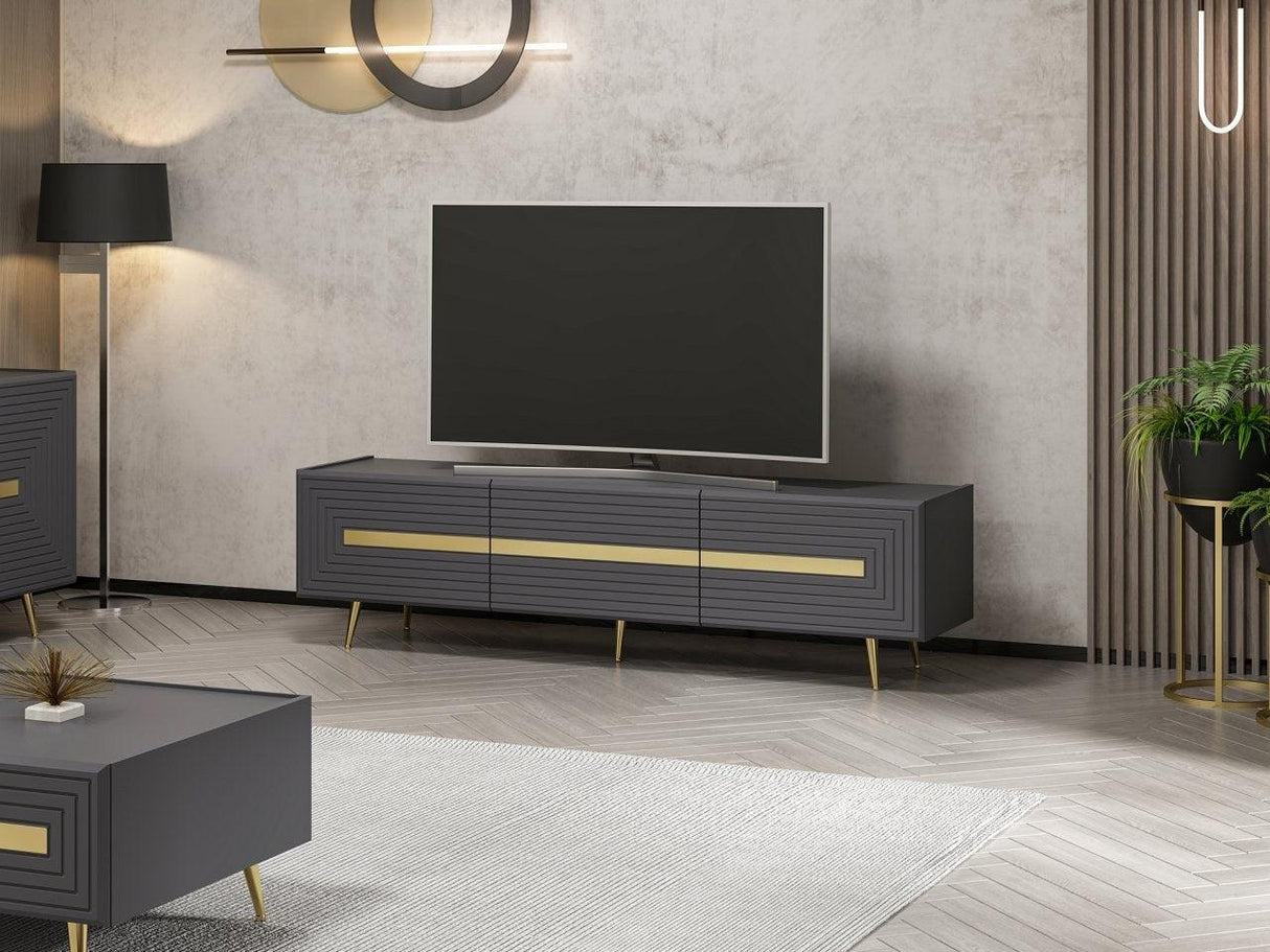 Comodă TV Jose, Diverse culori, Diverse dimensiuni - Antracit - Auriu - 180x42x50 cm | SKU: 506MNR1115 | Comodă TV Jose, varianta Antracit - Auriu - 180x42x50 cm, produs pentru amenajarea locuinței, disponibil online în România la CasaMob