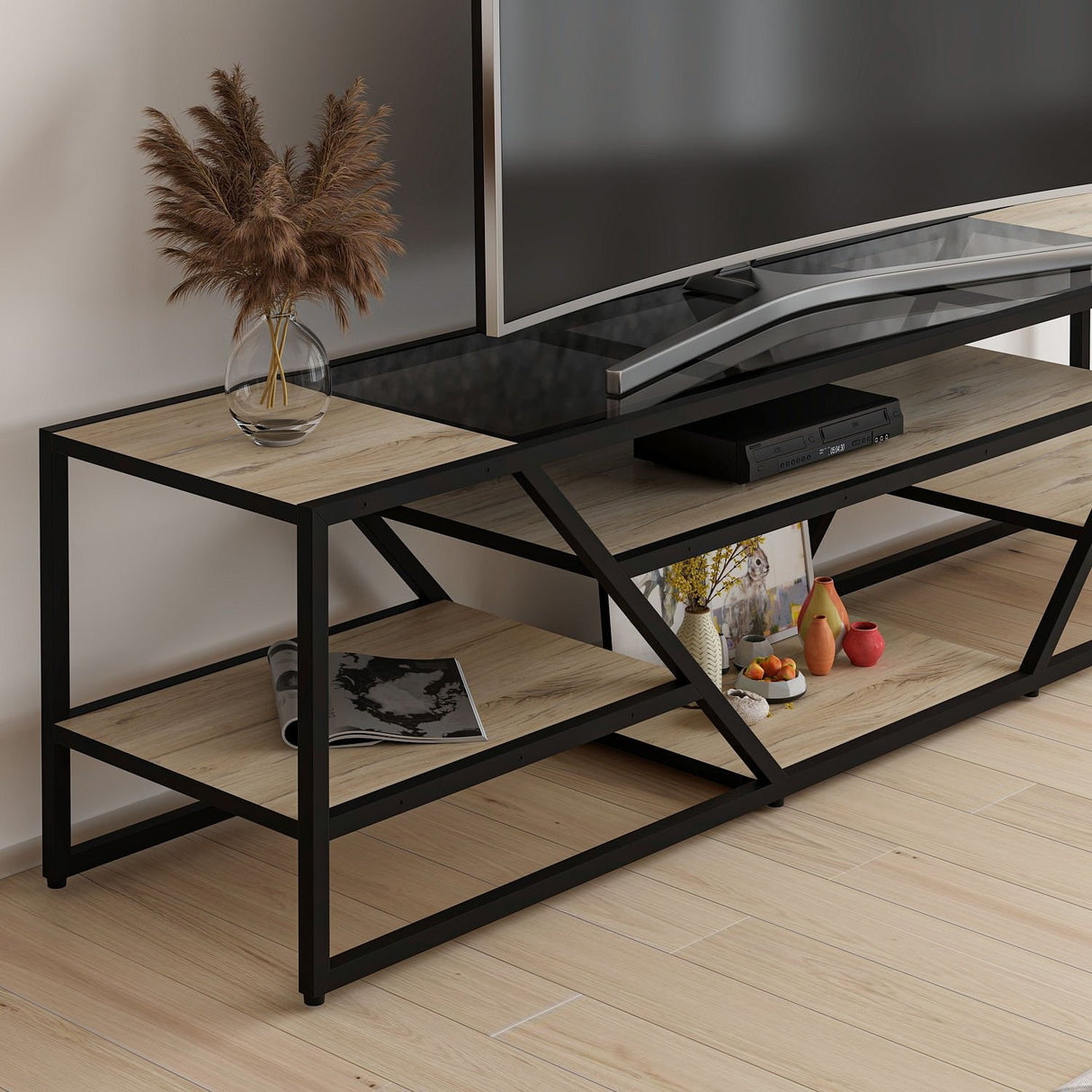 Comodă TV Lora - 8877, Negru, 180x40x45 cm