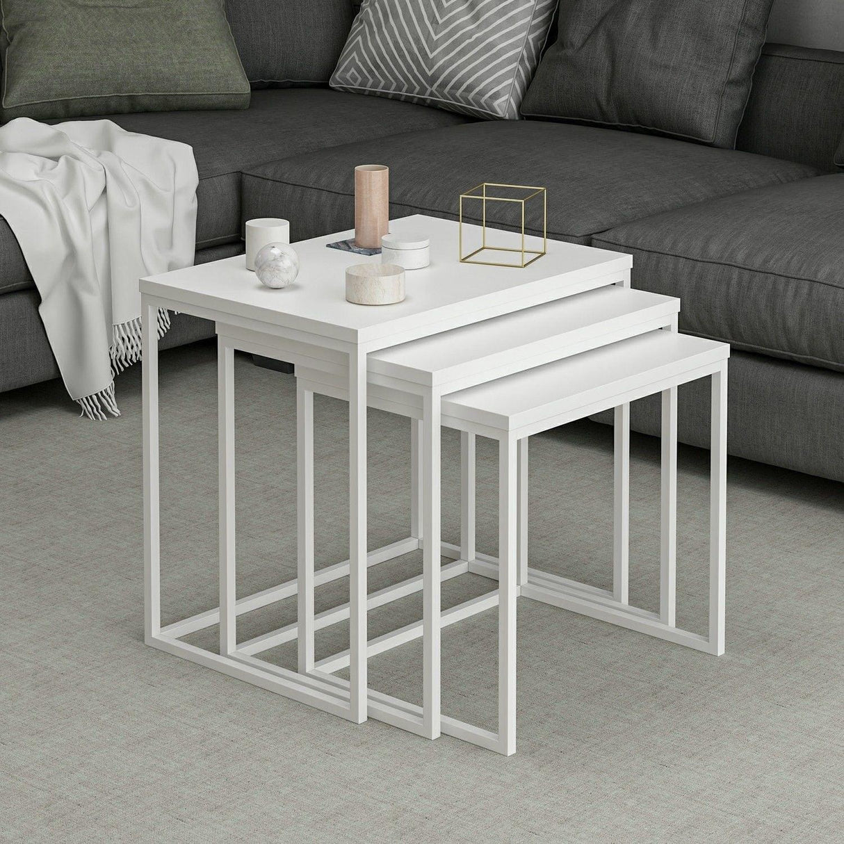 Set 3 măsuțe de cafea Evia, Diverse culori, 55x40x50 cm - Alb | SKU: 506MNR1206 | Set 3 măsuțe de cafea Evia, 55x40x50 cm, varianta Alb, produs pentru amenajarea locuinței, disponibil online în România la CasaMob