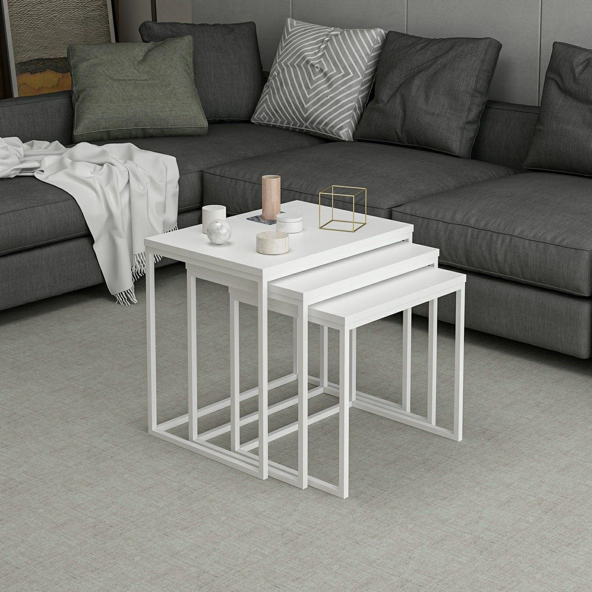Set 3 măsuțe de cafea Evia, Diverse culori, 55x40x50 cm - Alb | SKU: 506MNR1206 | Set 3 măsuțe de cafea Evia, 55x40x50 cm, varianta Alb, produs pentru amenajarea locuinței, disponibil online în România la CasaMob