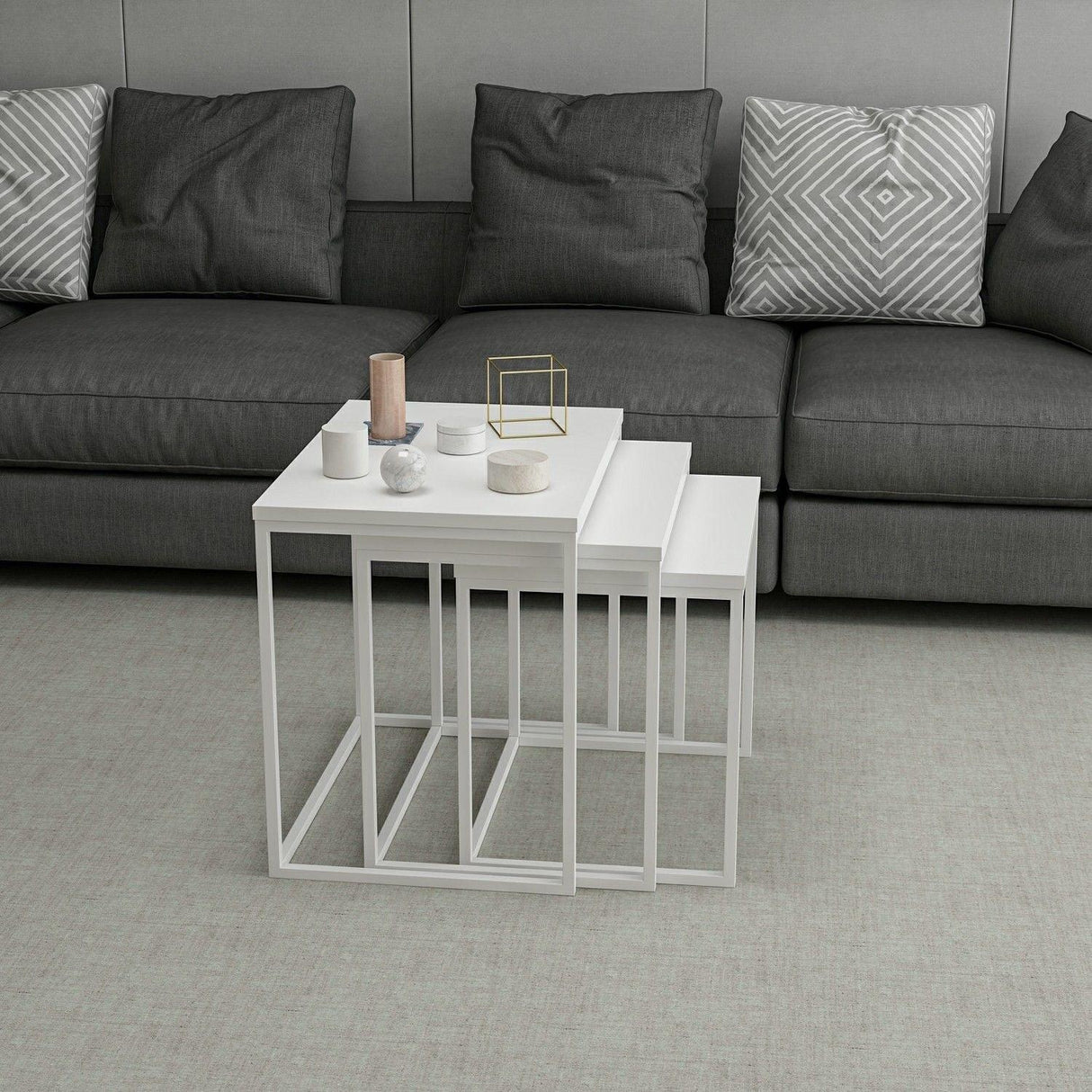 Set 3 măsuțe de cafea Evia, Diverse culori, 55x40x50 cm - Alb | SKU: 506MNR1206 | Set 3 măsuțe de cafea Evia, 55x40x50 cm, varianta Alb, produs pentru amenajarea locuinței, disponibil online în România la CasaMob