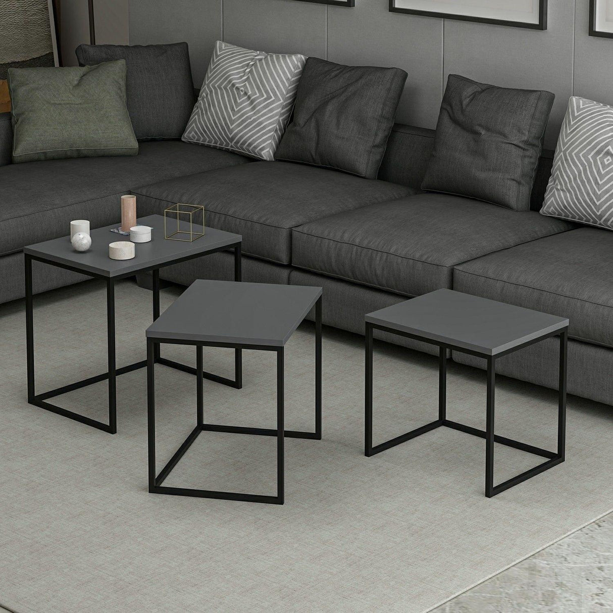 Set 3 măsuțe de cafea Evia, Diverse culori, 55x40x50 cm - Antracit | SKU: 506MNR1208 | Set 3 măsuțe de cafea Evia, 55x40x50 cm, varianta Antracit, produs pentru amenajarea locuinței, disponibil online în România la CasaMob