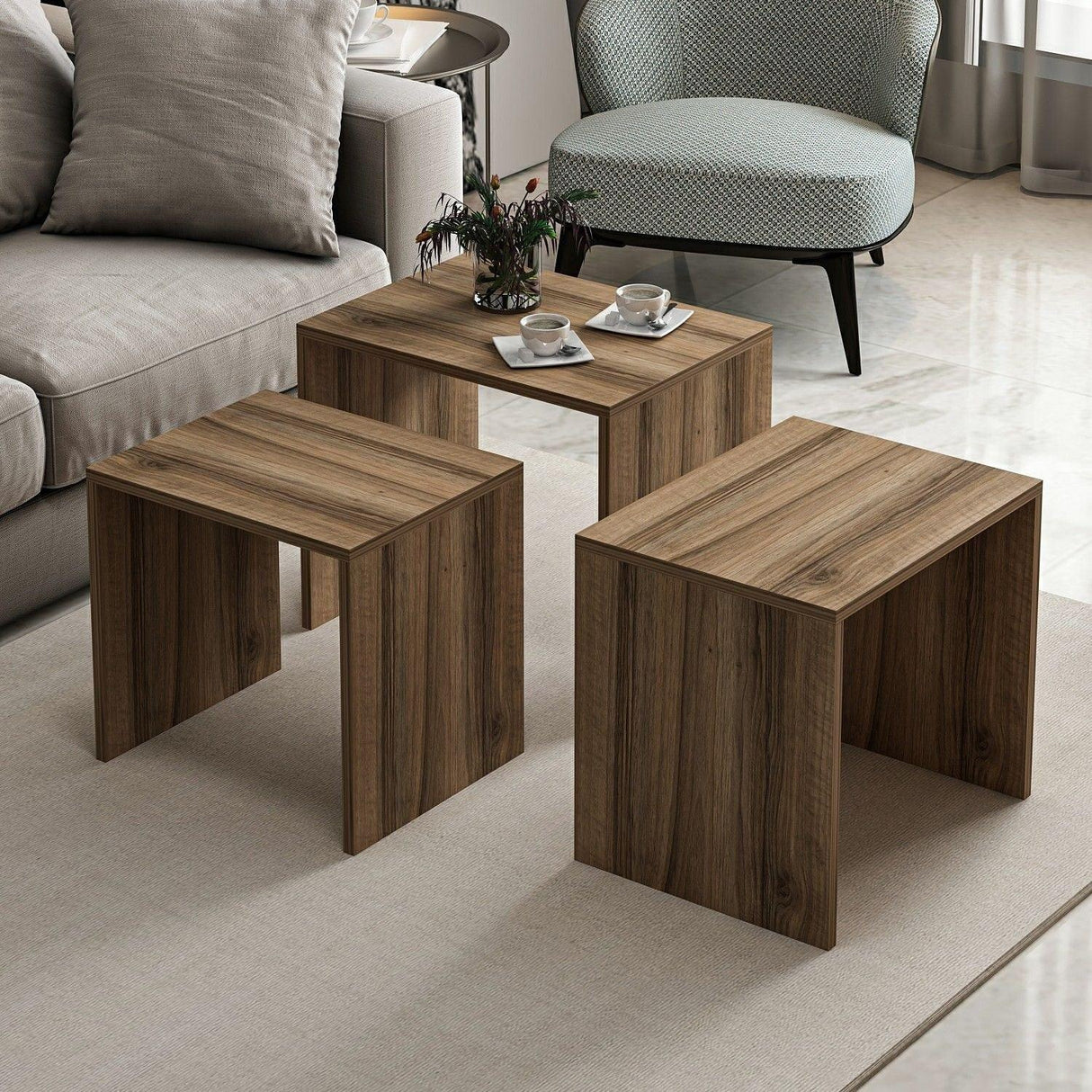 Set 3 măsuțe de cafea Alya, Diverse culori, 55x40x47 cm - Nuc | SKU: 506MNR1215 | Set 3 măsuțe de cafea Alya, 55x40x47 cm, varianta Nuc, produs pentru amenajarea locuinței, disponibil online în România la CasaMob