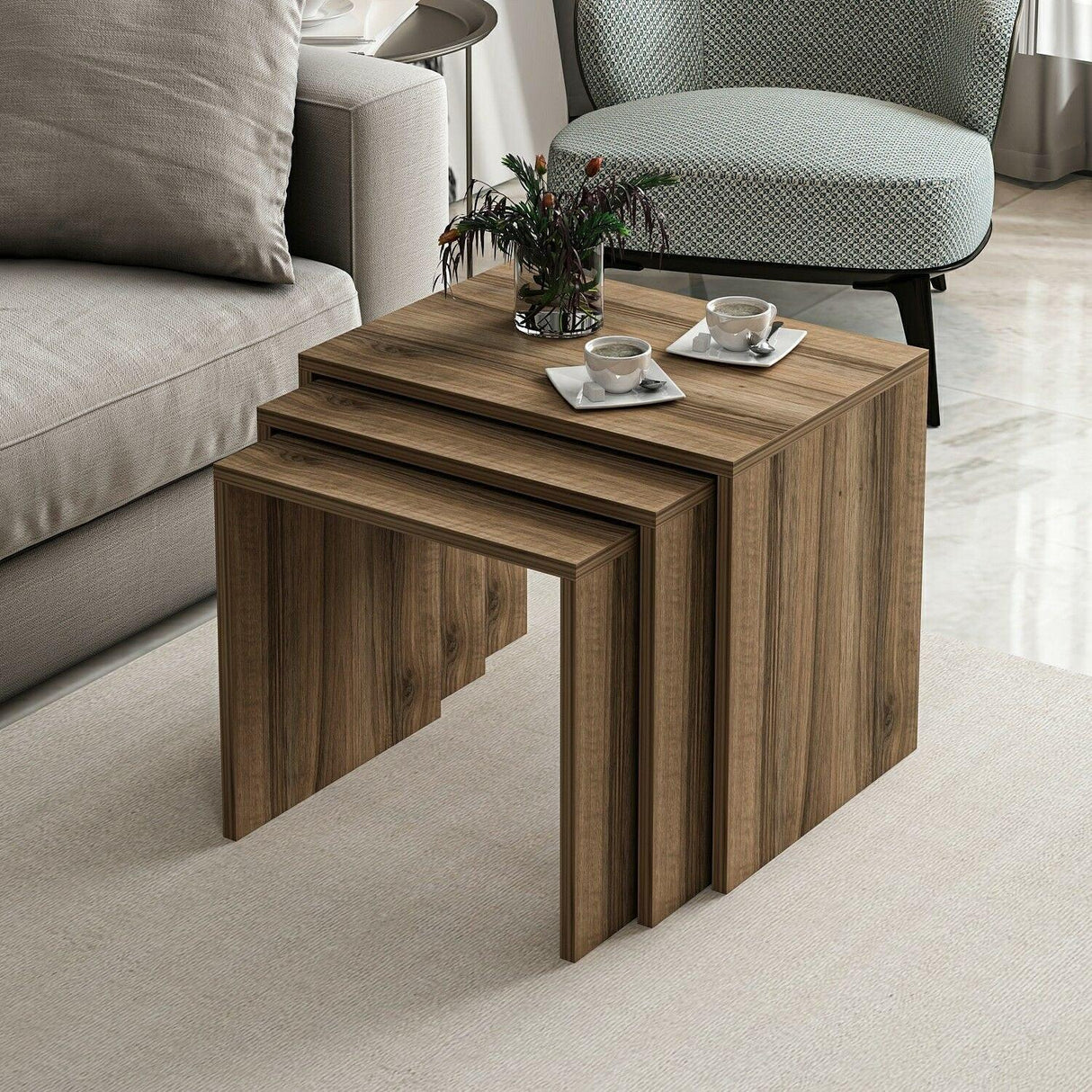 Set 3 măsuțe de cafea Alya, Diverse culori, 55x40x47 cm - Nuc | SKU: 506MNR1215 | Set 3 măsuțe de cafea Alya, 55x40x47 cm, varianta Nuc, produs pentru amenajarea locuinței, disponibil online în România la CasaMob
