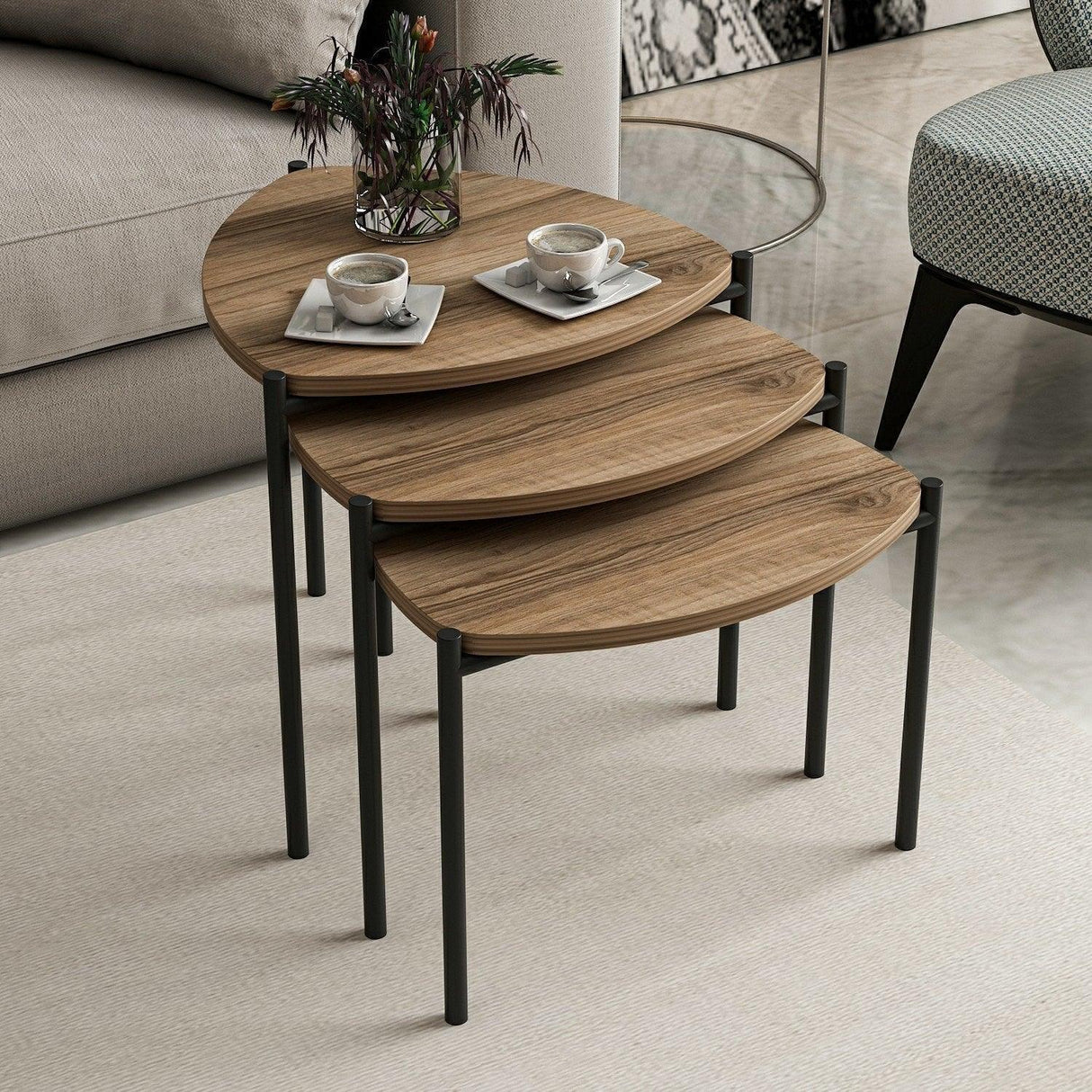Măsuță de cafea Lenny, Diverse culori, Diverse configurații, Diverse dimensiuni - Nuc - 45x45x45 cm - 3 bucăți | SKU: 506MNR1225 | Măsuță de cafea Lenny, varianta Nuc - 45x45x45 cm - 3 bucăți, produs pentru amenajarea locuinței, disponibil online în România la CasaMob