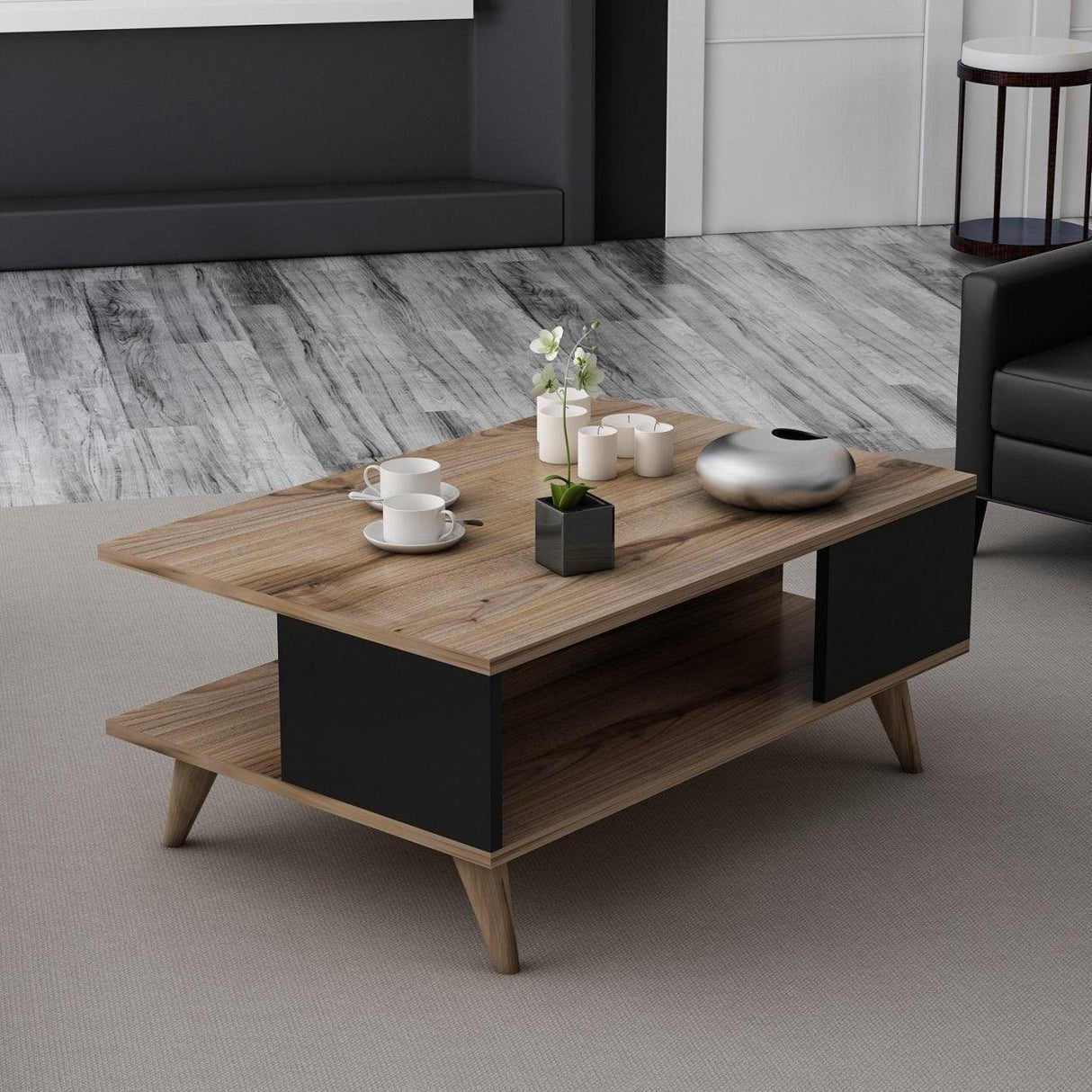 Măsuță de cafea Lyon, Diverse culori, 90x60x39 cm - Negru - Nuc | SKU: 506MNR1239 | Măsuță de cafea Lyon, 90x60x39 cm, varianta Negru - Nuc, produs pentru amenajarea locuinței, disponibil online în România la CasaMob