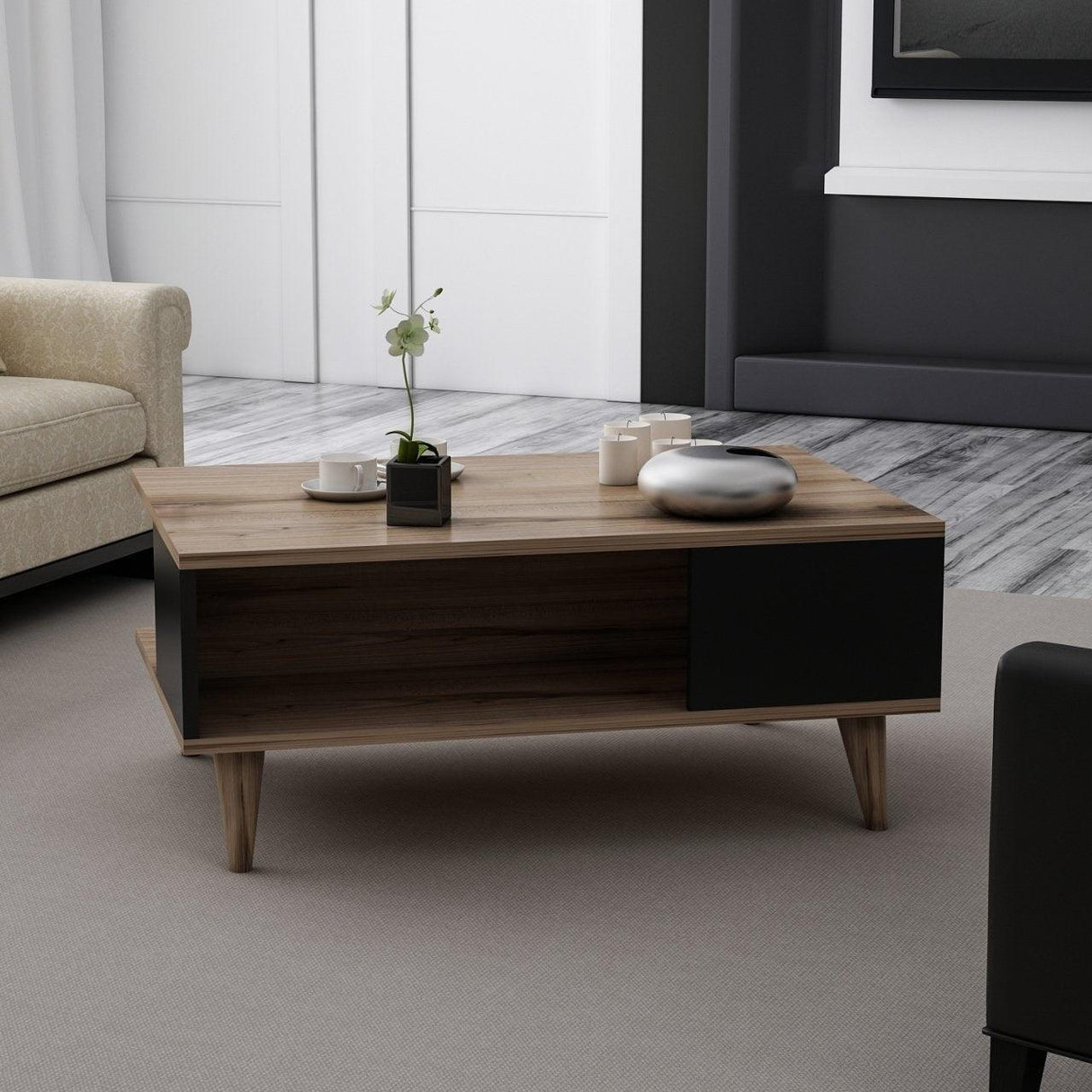 Măsuță de cafea Lyon, Diverse culori, 90x60x39 cm - Negru - Nuc | SKU: 506MNR1239 | Măsuță de cafea Lyon, 90x60x39 cm, varianta Negru - Nuc, produs pentru amenajarea locuinței, disponibil online în România la CasaMob