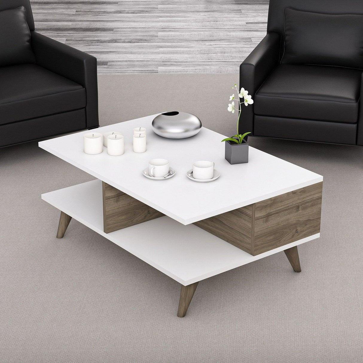 Măsuță de cafea Lyon, Diverse culori, 90x60x39 cm - Alb - Nuc | SKU: 506MNR1240 | Măsuță de cafea Lyon, 90x60x39 cm, varianta Alb - Nuc, produs pentru amenajarea locuinței, disponibil online în România la CasaMob
