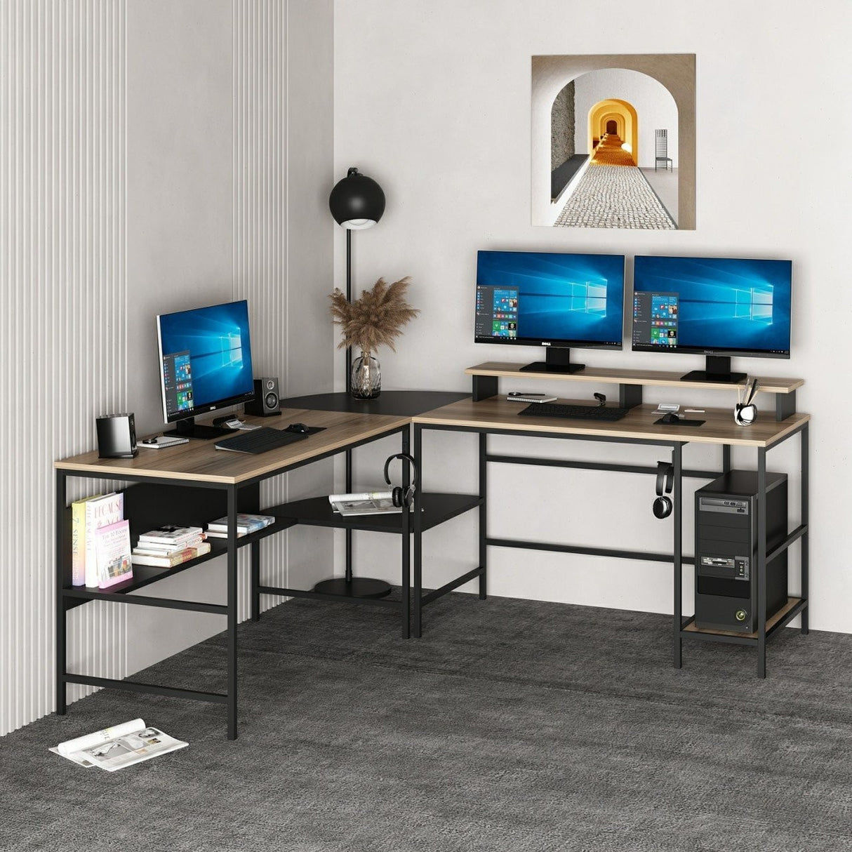 Birou Greta L Matte, Dore - Negru, 180x60x74 cm