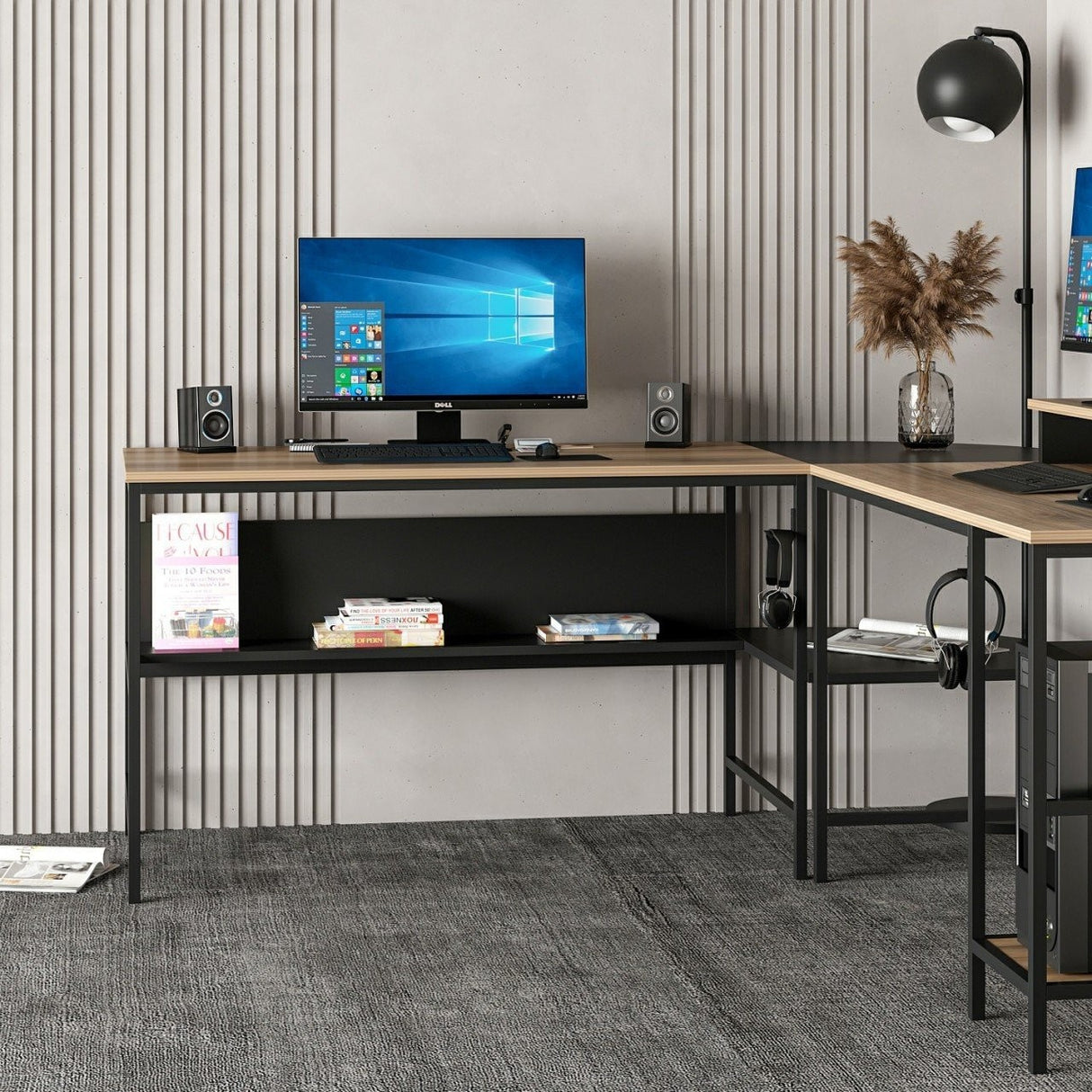 Birou Greta L Matte, Dore - Negru, 180x60x74 cm