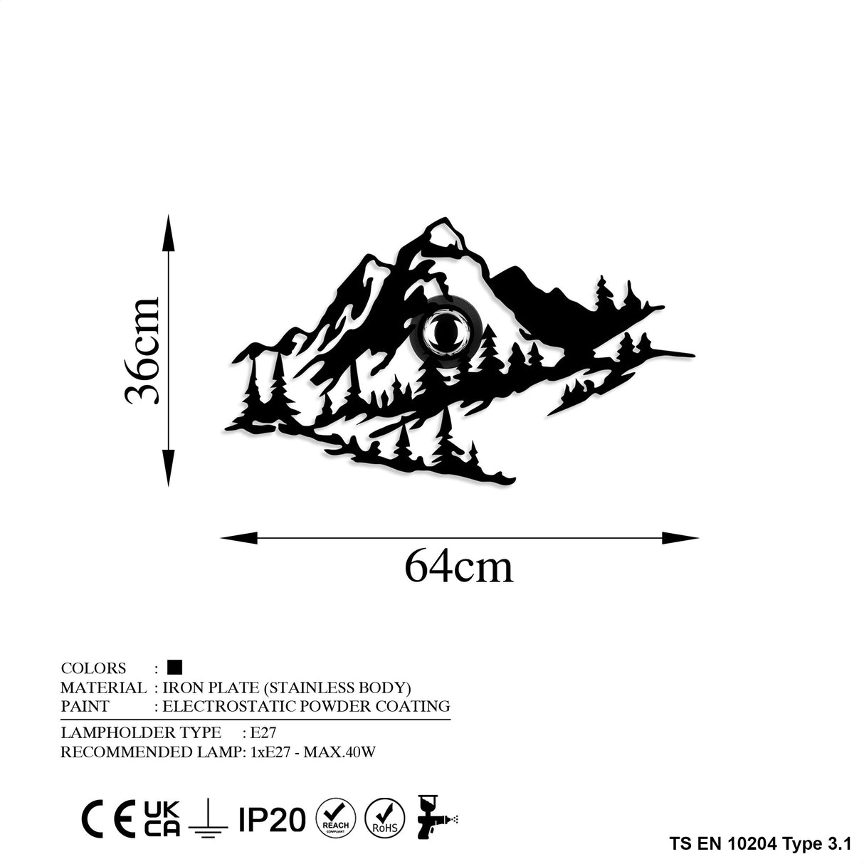 Aplică de perete Mountain, Negru, 64x9x36 cm