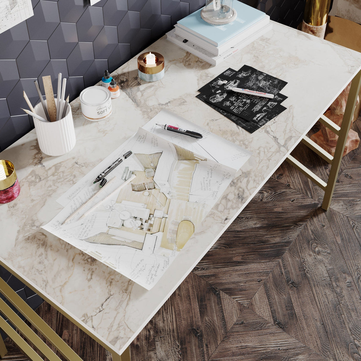 Birou Tuna, Diverse culori, 120x60x75 cm - Auriu - Alb | SKU: 541HDL1117 | Birou Tuna, 120x60x75 cm, varianta Auriu - Alb, produs pentru amenajarea locuinței, disponibil online în România la CasaMob
