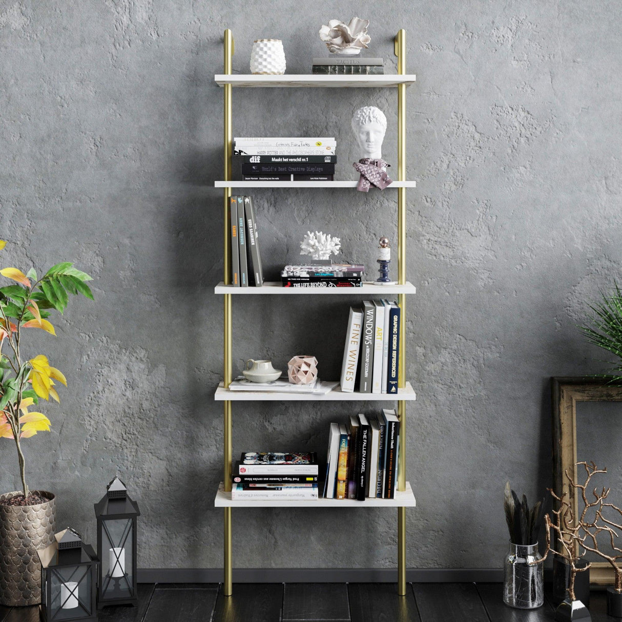 Bibliotecă Paula, Diverse culori, 60x22x174 cm - Alb - Auriu | SKU: 541HDL1307 | Bibliotecă Paula, 60x22x174 cm, varianta Alb - Auriu, produs pentru amenajarea locuinței, disponibil online în România la CasaMob