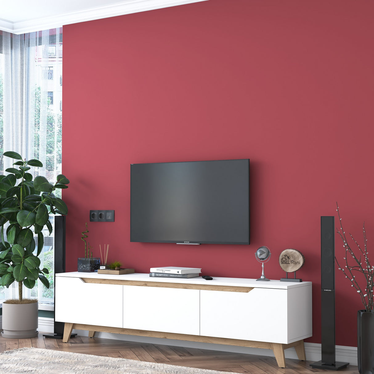 Comodă TV D1 - 2472, Alb - Nuc, 180x35x49 cm