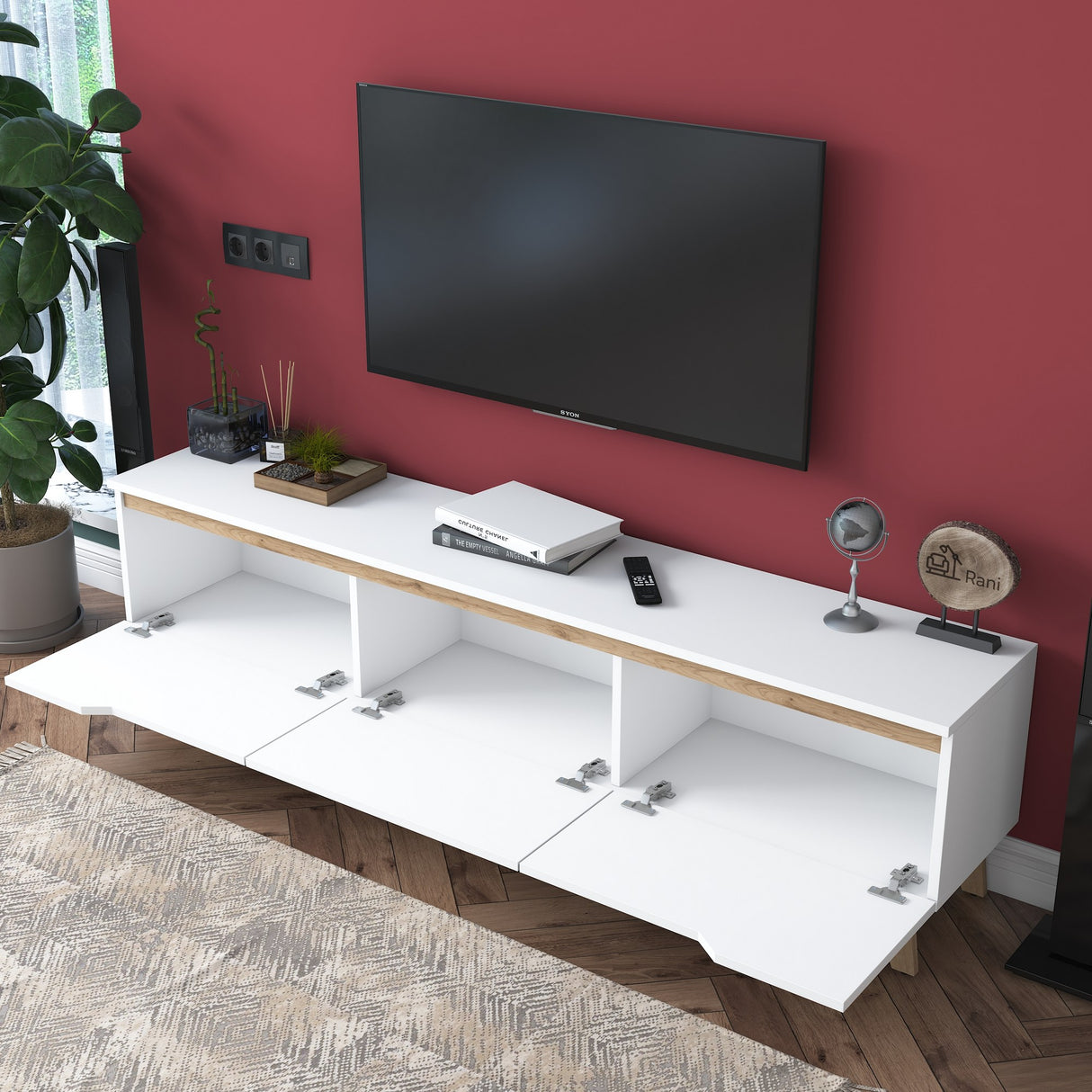 Comodă TV D1 - 2472, Alb - Nuc, 180x35x49 cm