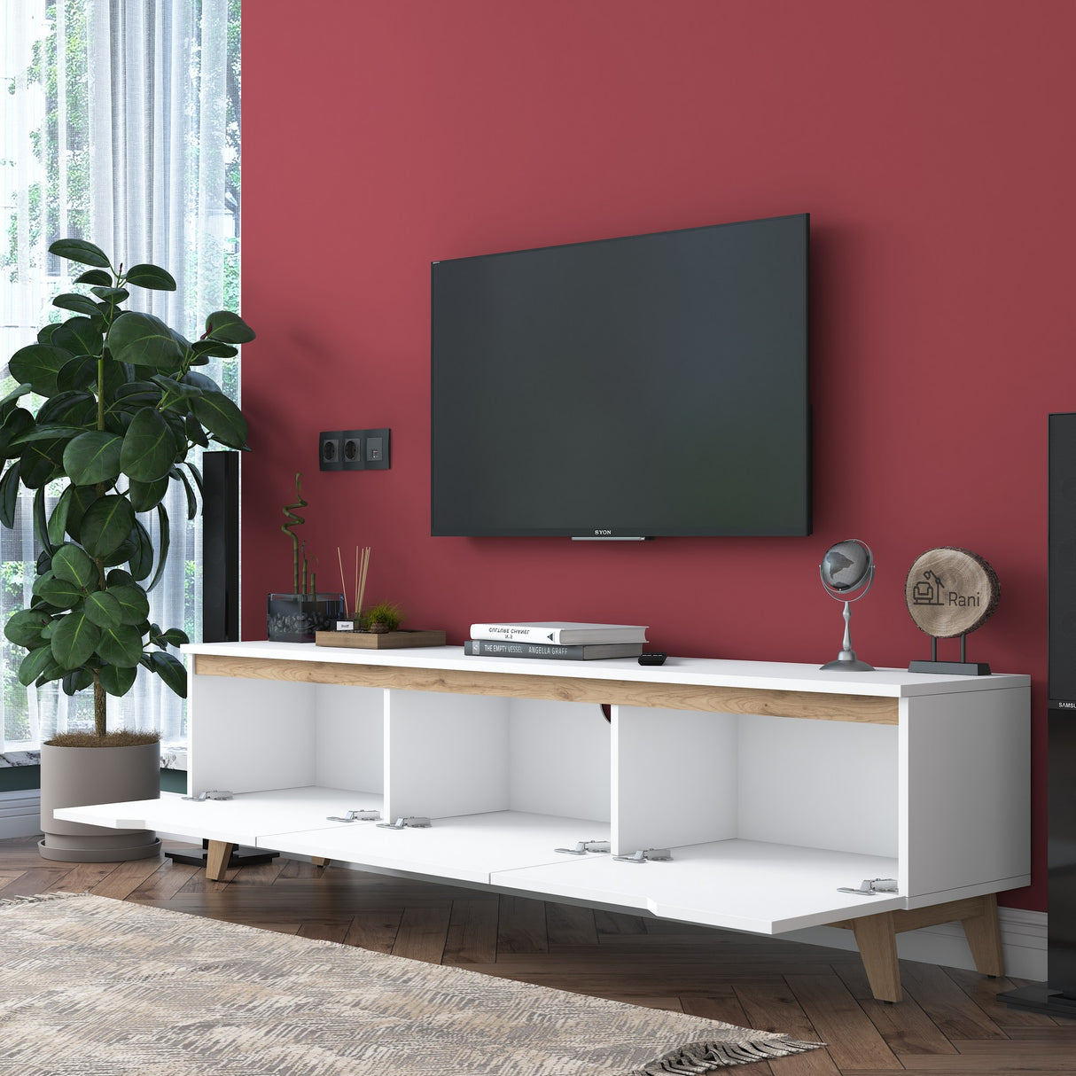 Comodă TV D1 - 2472, Alb - Nuc, 180x35x49 cm