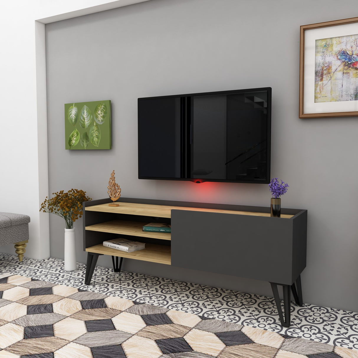 Comodă TV Veronica, Stejar - Antracit, 120x33x50 cm