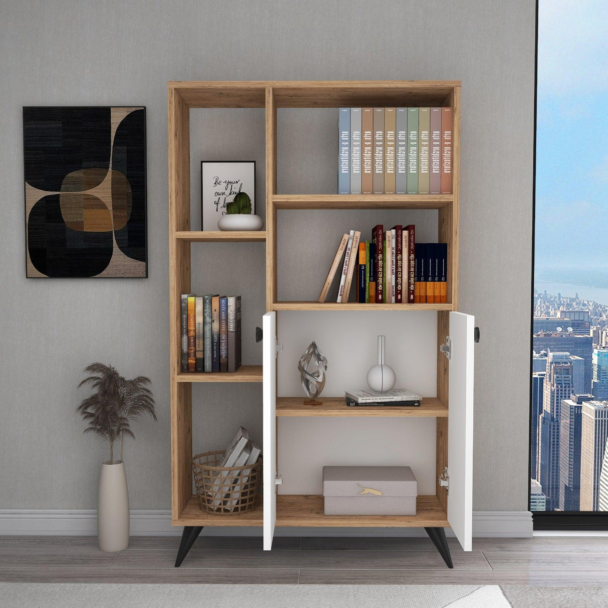 Biblioteca Meldan Stil Scandinav cu 7 Rafturi si 2 Usi, 80x25x135.6 cm - Natur, SKU 550ARN1650