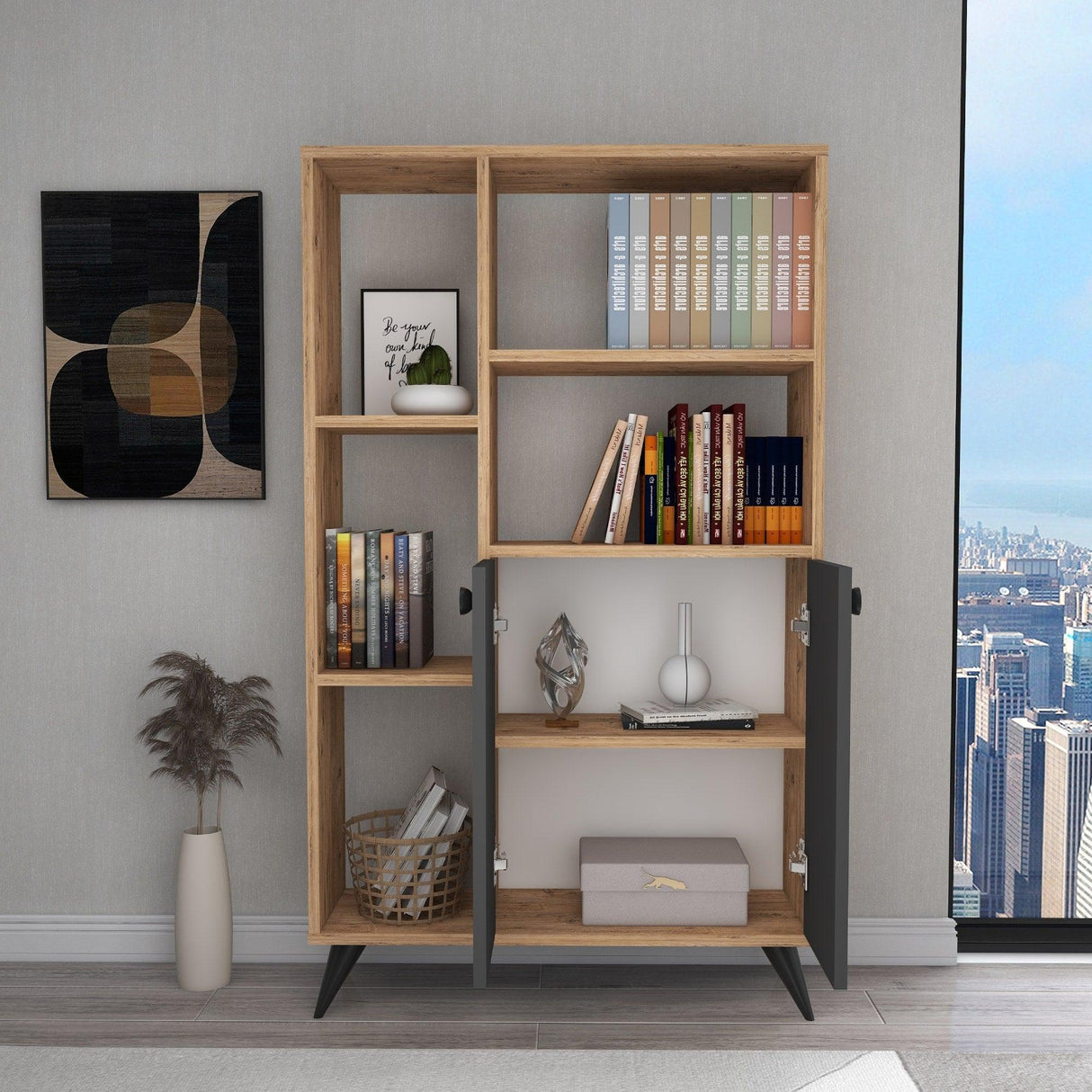 Biblioteca Meldan Stil Scandinav cu 7 Rafturi si 2 Usi, 80x25x135.6 cm - Antracit, SKU 550ARN1650