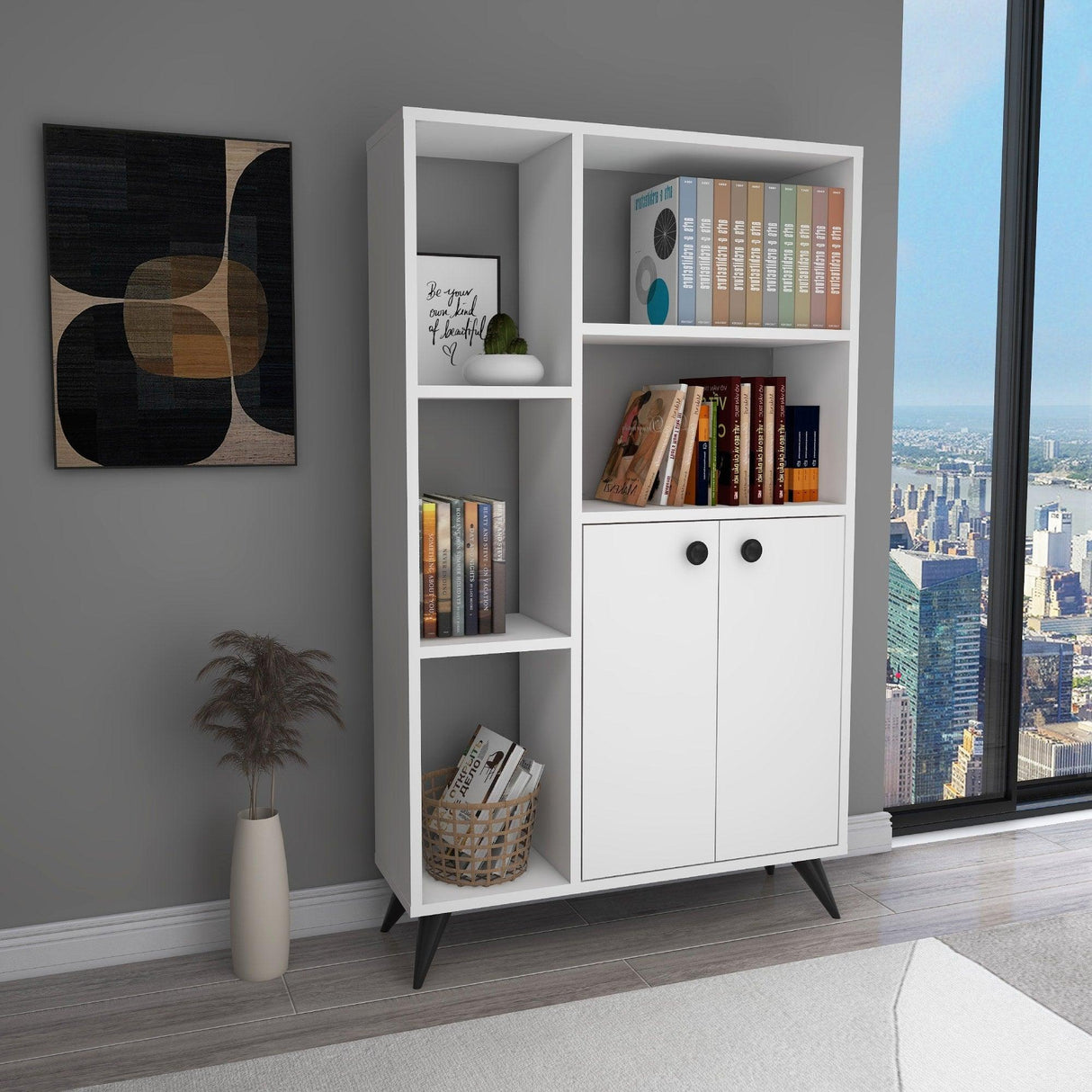 Biblioteca Meldan Stil Scandinav cu 7 Rafturi si 2 Usi, 80x25x135.6 cm - Alb, SKU 550ARN1650