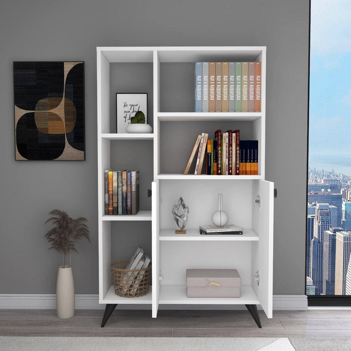 Biblioteca Meldan Stil Scandinav cu 7 Rafturi si 2 Usi, 80x25x135.6 cm - Alb, SKU 550ARN1650