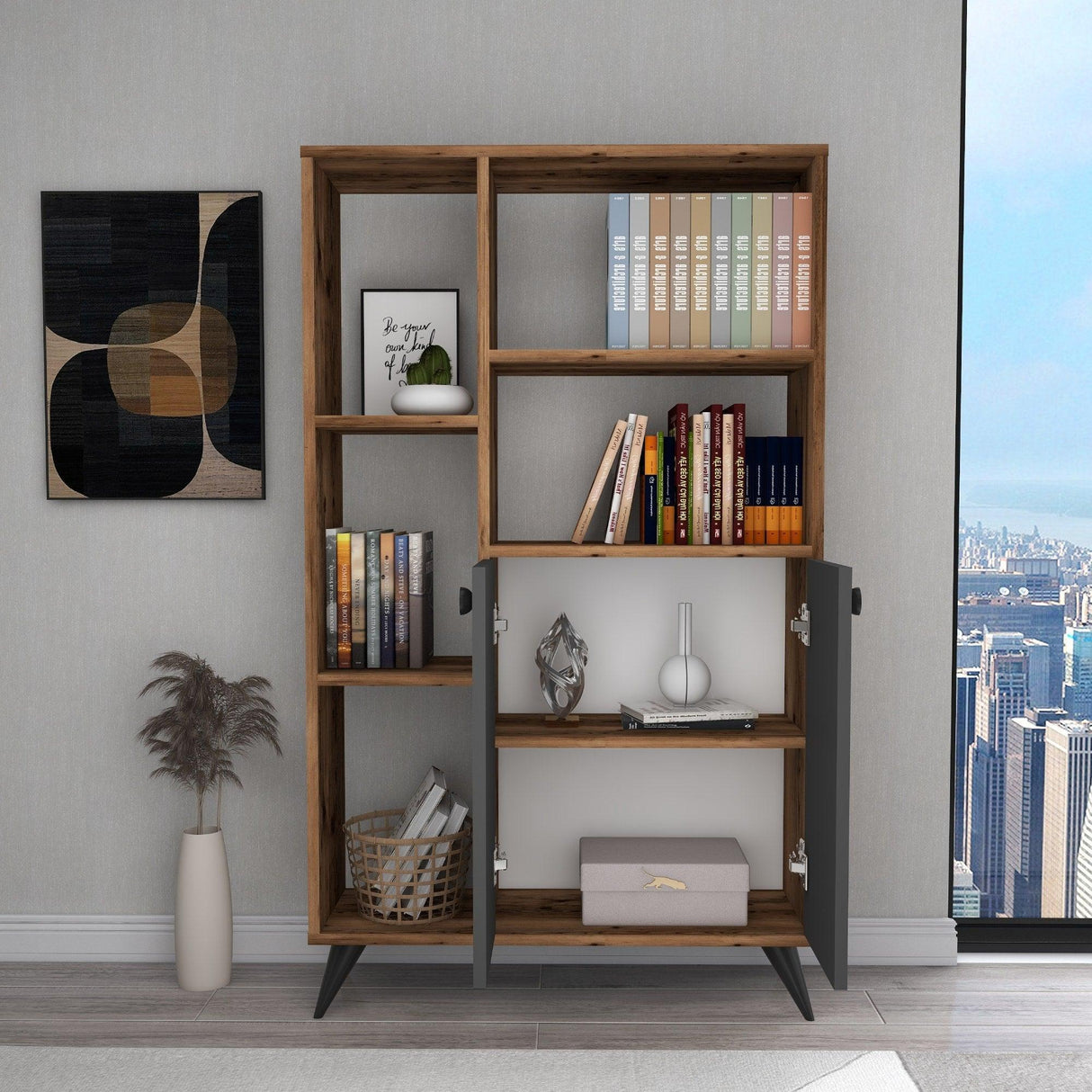 Biblioteca Meldan Stil Scandinav cu 7 Rafturi si 2 Usi, 80x25x135.6 cm - Nuc, SKU 550ARN1650