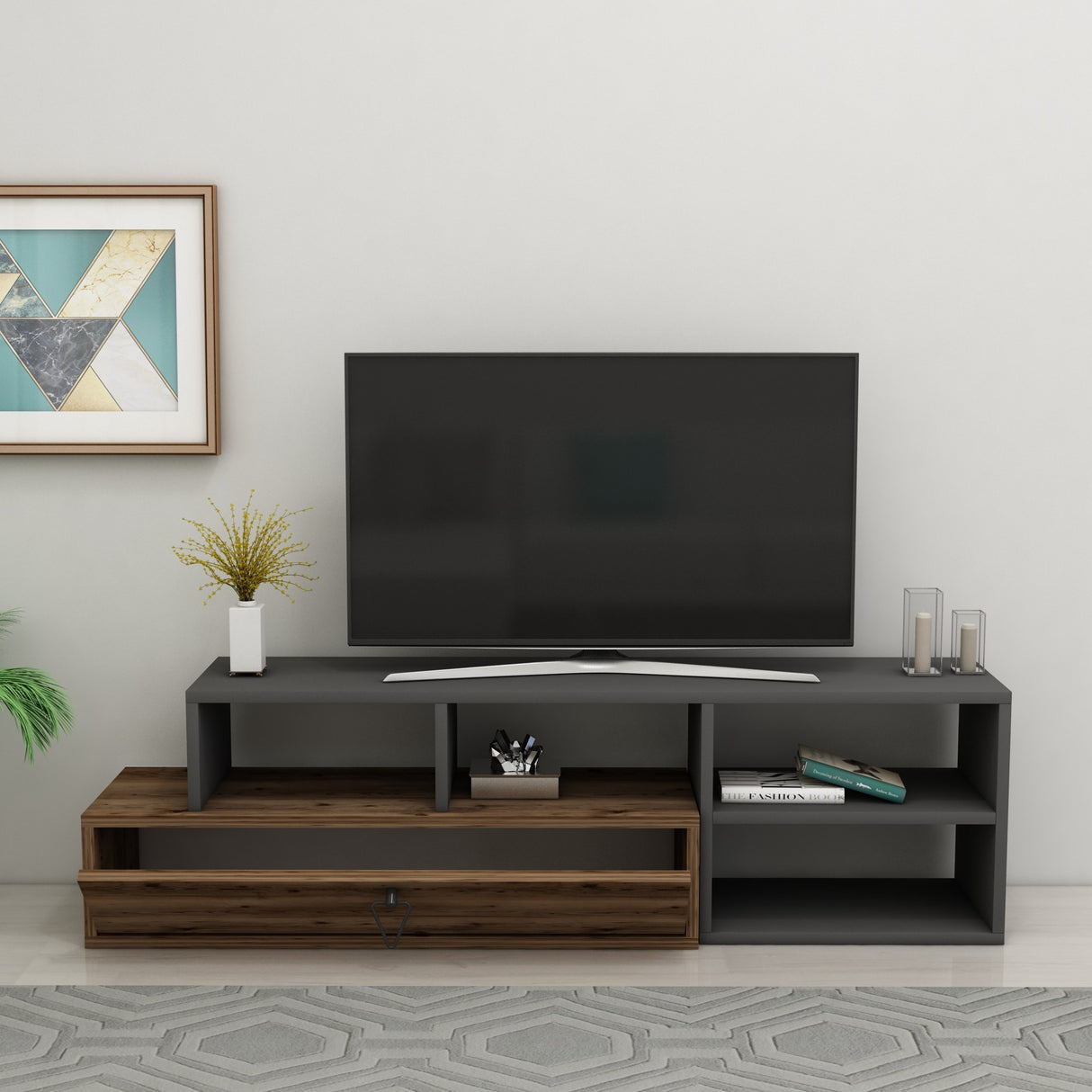Comodă TV Duru, Light walnut - Antracit, 120x28x38 cm