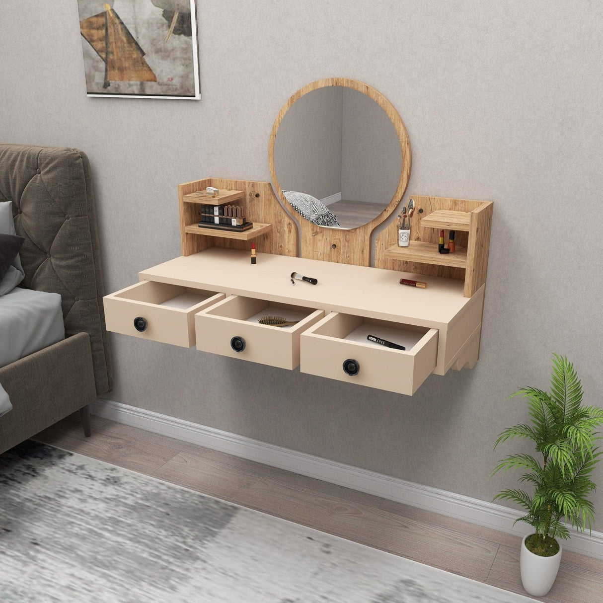 Masa de machiaj Polina cu 3 Sertare si Oglinda, 90 x 75 x 37 cm - Atlantic Pine Beige, SKU 550ARN2758