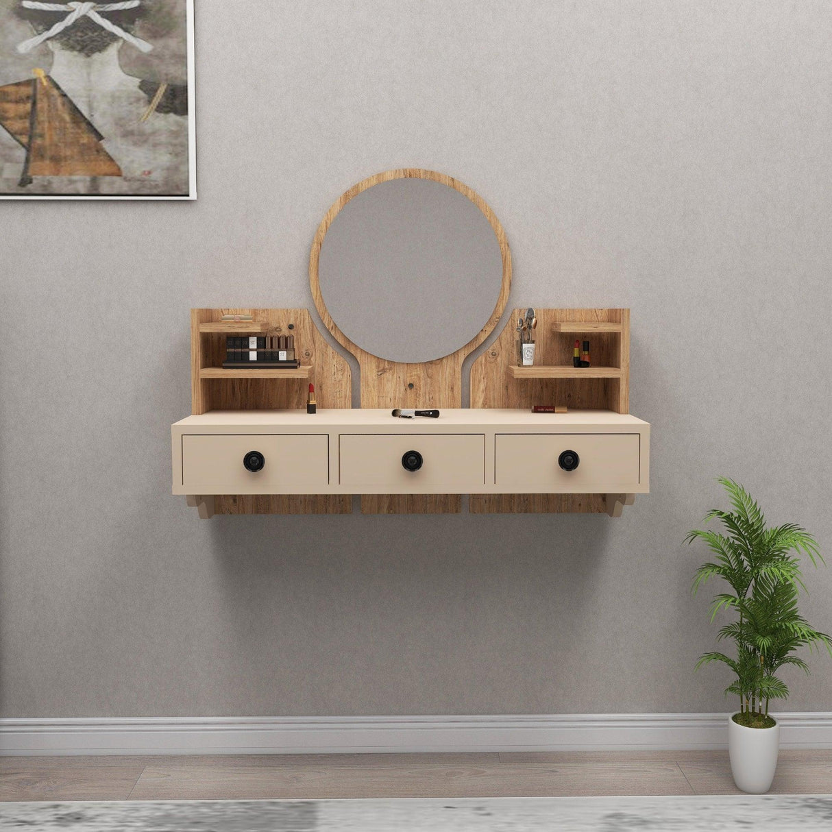 Masa de machiaj Polina cu 3 Sertare si Oglinda, 90 x 75 x 37 cm - Atlantic Pine Beige, SKU 550ARN2758