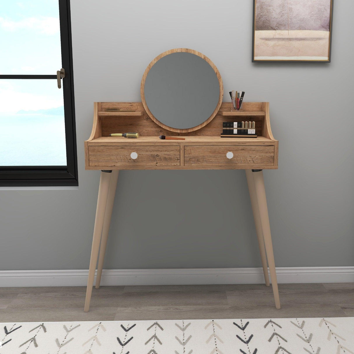 Masa de machiaj Roys cu Rafturi si 2 Sertare, 90 x 131 x 35 cm - Stejar, SKU 550ARN2764