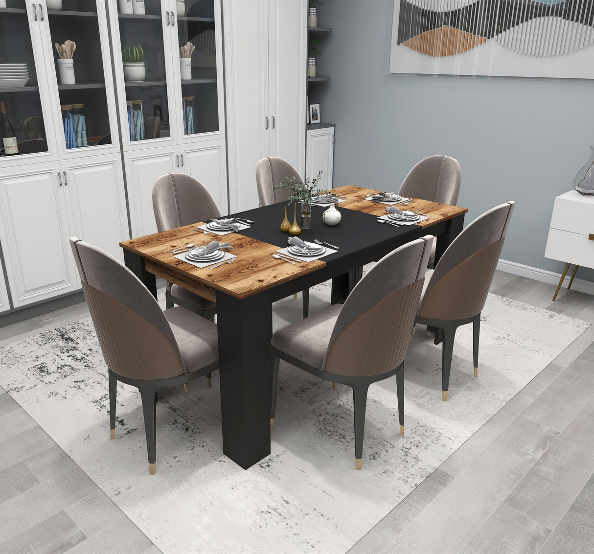 Masă dining Line, Light walnut - Negru, 160x80x77 cm