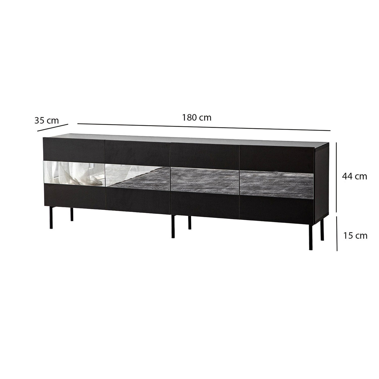 Comodă TV Leon, Diverse culori, 180x35x59 cm - Negru - Fumuriu | SKU: 552NOS1528 | Comodă TV Leon, 180x35x59 cm, varianta Negru - Fumuriu, produs pentru amenajarea locuinței, disponibil online în România la CasaMob
