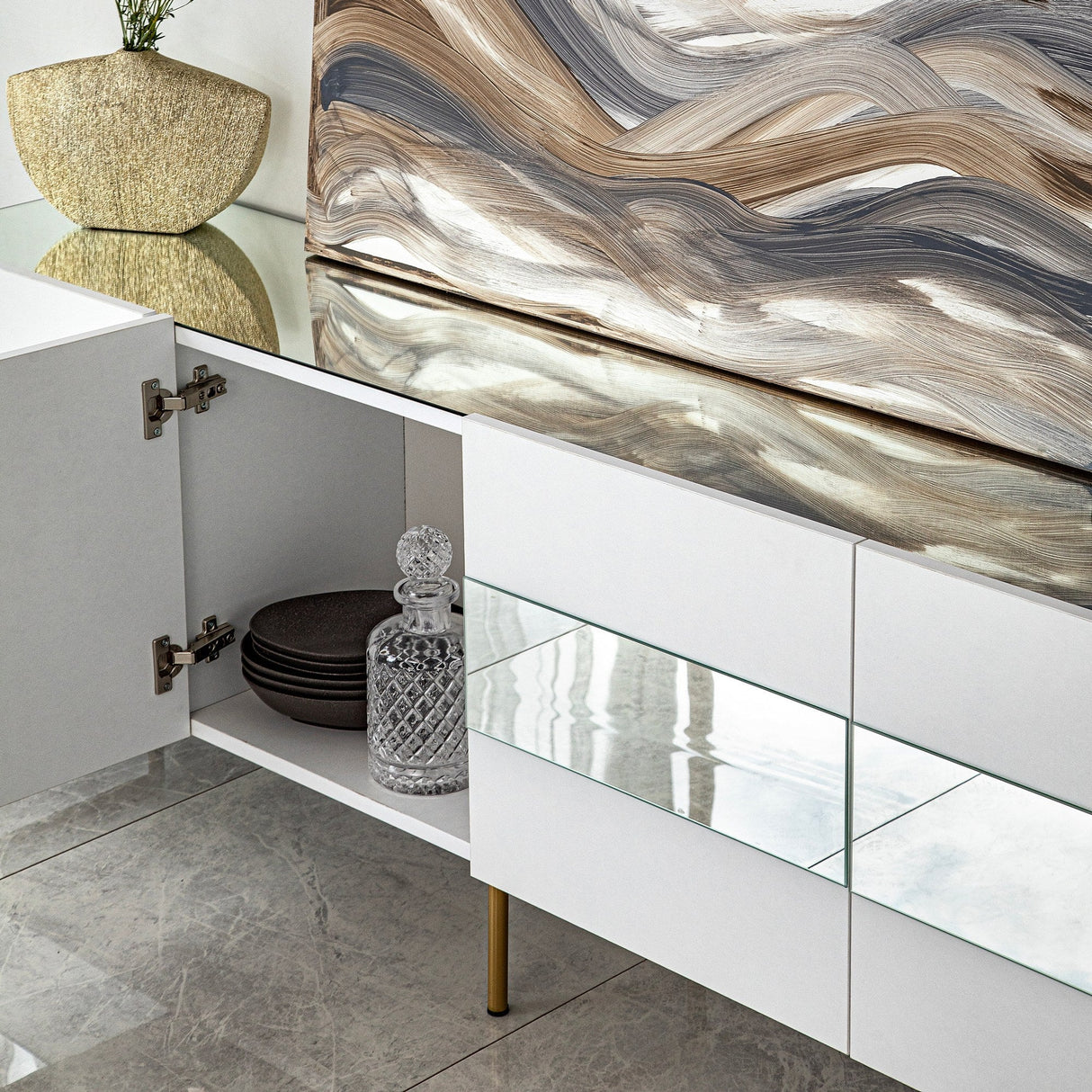 Comodă TV Leon, Diverse culori, 180x35x59 cm - Alb - Auriu | SKU: 552NOS1530 | Comodă TV Leon, 180x35x59 cm, varianta Alb - Auriu, produs pentru amenajarea locuinței, disponibil online în România la CasaMob