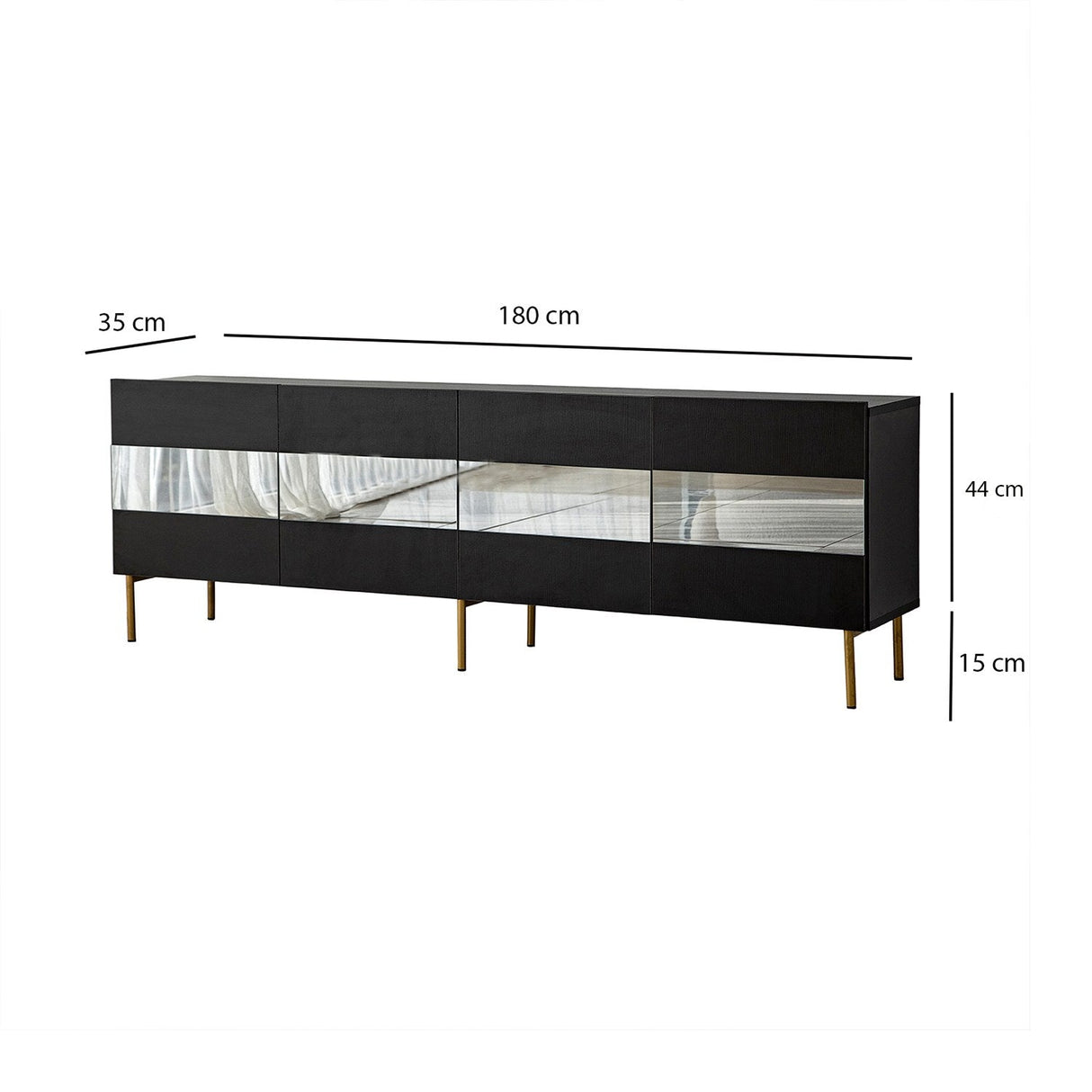 Comodă TV Leon, Diverse culori, 180x35x59 cm - Auriu - Fumuriu | SKU: 552NOS1529 | Comodă TV Leon, 180x35x59 cm, varianta Auriu - Fumuriu, produs pentru amenajarea locuinței, disponibil online în România la CasaMob