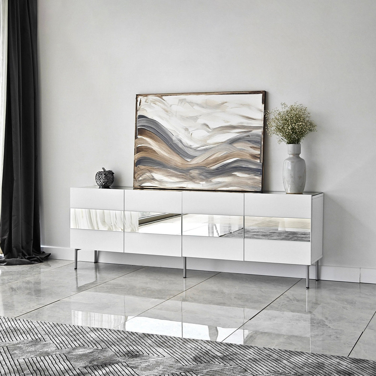 Comodă TV Leon, Diverse culori, 180x35x59 cm - Alb - Argintiu | SKU: 552NOS1531 | Comodă TV Leon, 180x35x59 cm, varianta Alb - Argintiu, produs pentru amenajarea locuinței, disponibil online în România la CasaMob