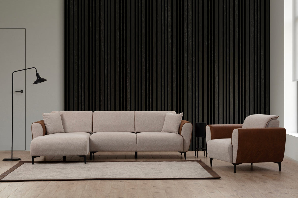 Canapea extensibilă Aren, Colț, Stânga, Diverse culori, 260x150 cm - Bej - Scorțișoară | SKU: 560ARE2232 | Canapea extensibilă Aren, Colț, Stânga, 260x150 cm, varianta Bej - Scorțișoară, produs pentru amenajarea locuinței, disponibil online în România la CasaMob