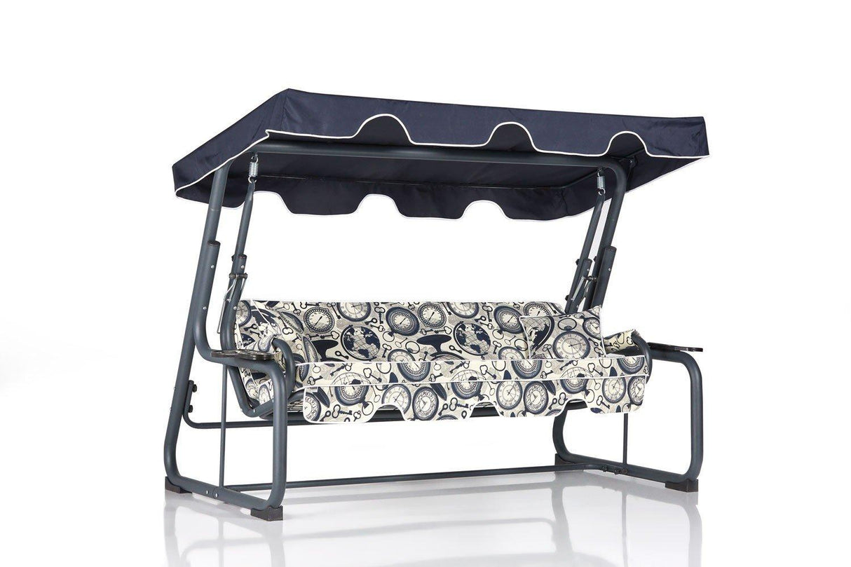 Balansoar de gradina extensibila 3 locuri cu suport pahare Braila, Albastru Alb, 190x110x50 cm