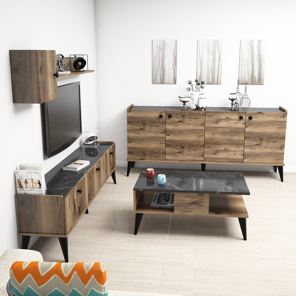 Set mobilă pentru sufragerie Lidya 2, Nuc - Marble, 180x35x49 cm