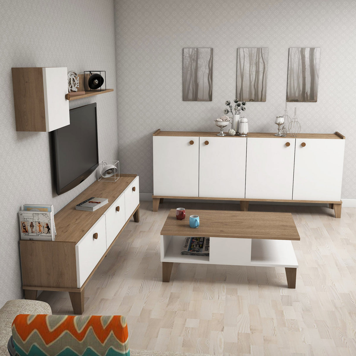 Set mobilă pentru sufragerie Sumer 3, Stejar - Alb, 178x35x45 cm