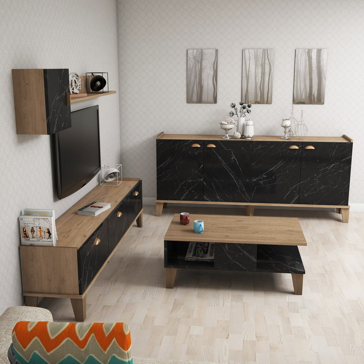 Set mobilă pentru sufragerie Sumer 2, Stejar - Marble, 178x35x45 cm