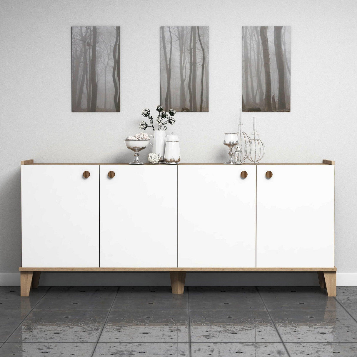 Comoda Living Sumer H3030, Stejar / Marmura / Alb - Alb, SKU 566BMS2602