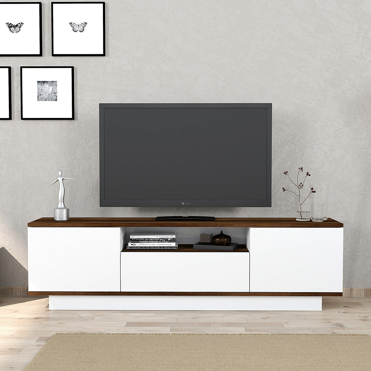 Comodă TV Yuki, Nuc baroc - Alb, 160x30x45 cm