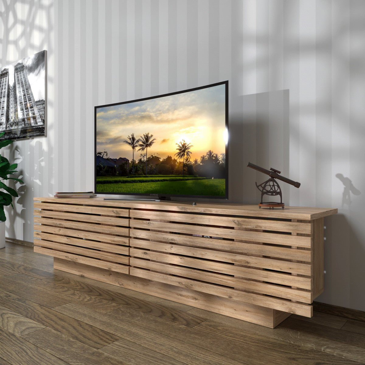 Comodă TV Beta Fluto, Nuc - Alb, 144x25x40 cm